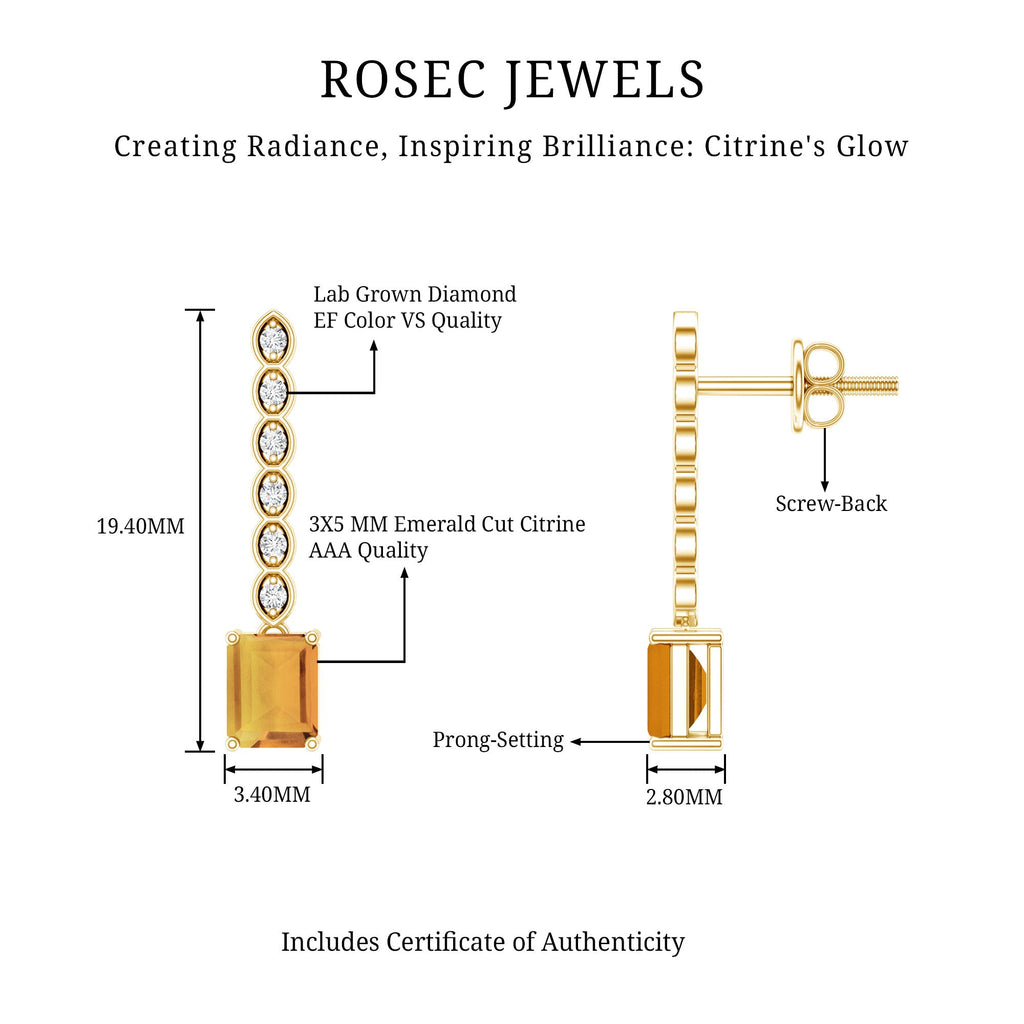 Citrine Drop Earrings – Emerald Cut Diamond Bar Earrings In Sterling Silver