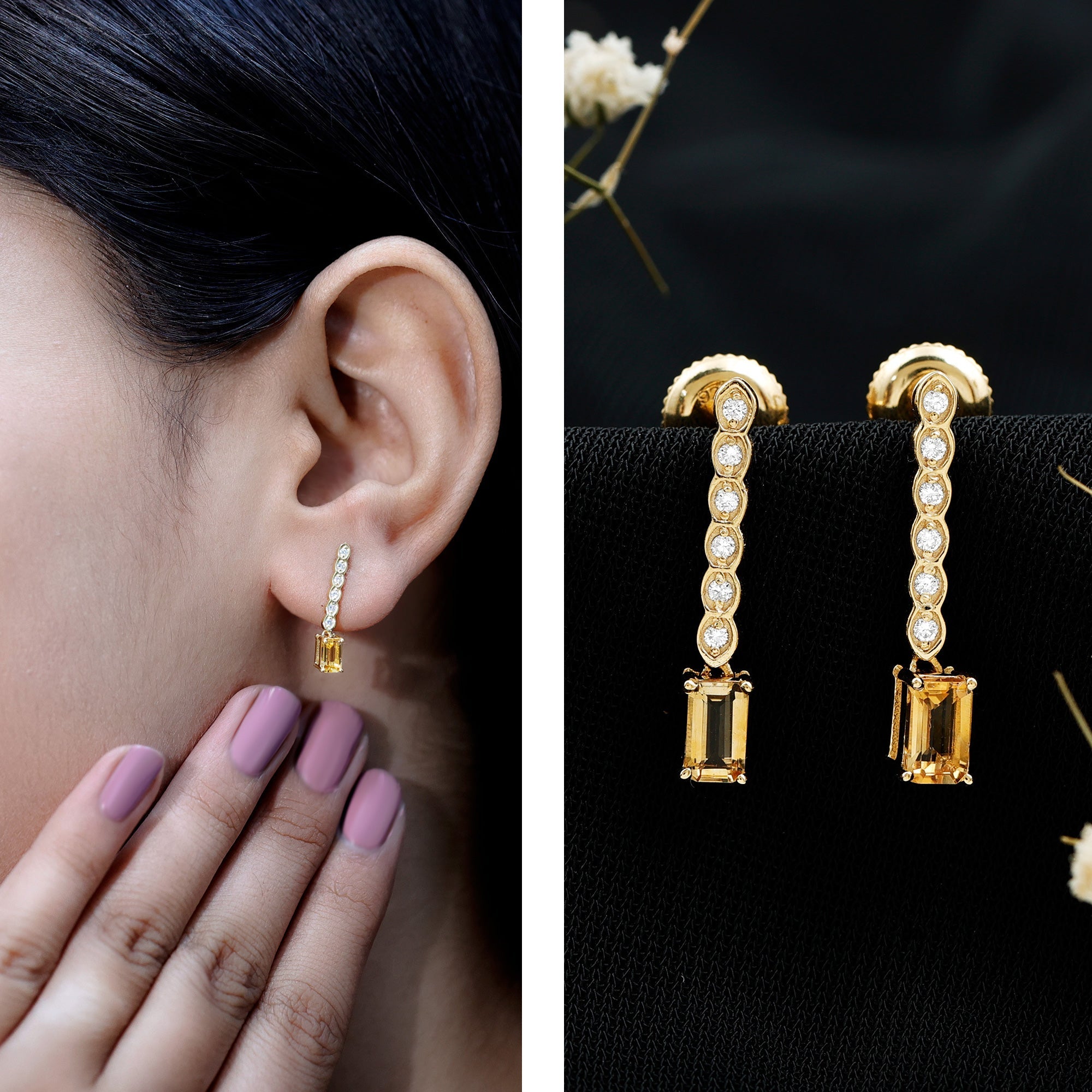 Citrine Drop Earrings – Emerald Cut Diamond Bar Earrings In Sterling Silver
