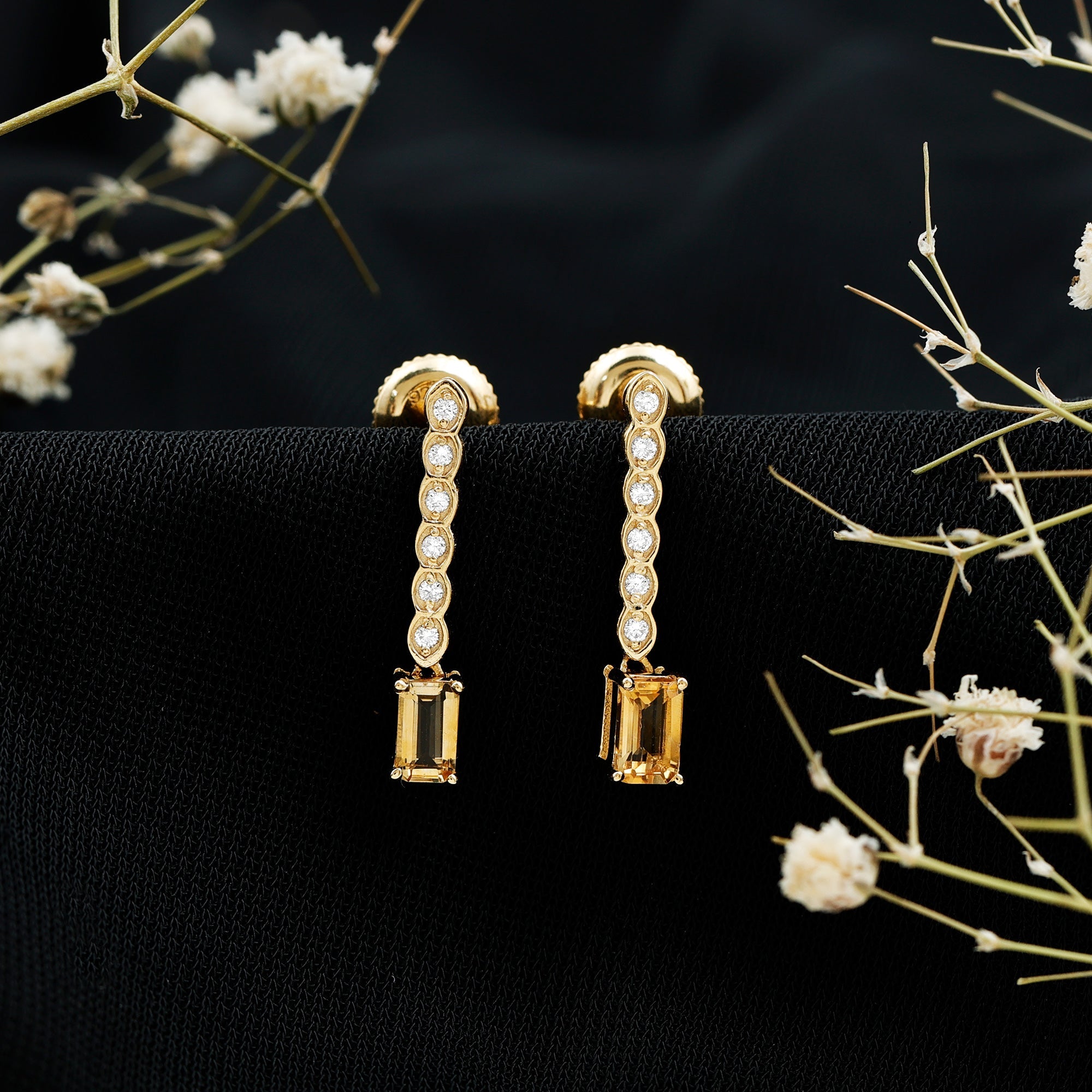 Citrine Drop Earrings – Emerald Cut Diamond Bar Earrings In Sterling Silver