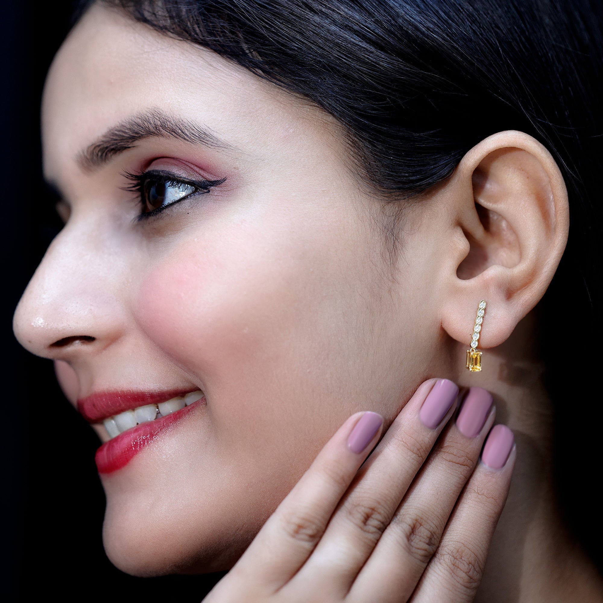 Citrine Drop Earrings – Emerald Cut Diamond Bar Earrings In Sterling Silver