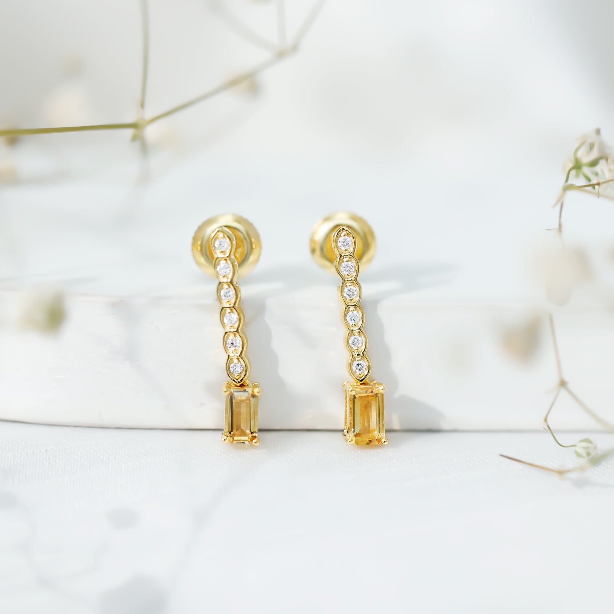 Citrine Drop Earrings – Emerald Cut Diamond Bar Earrings In Sterling Silver