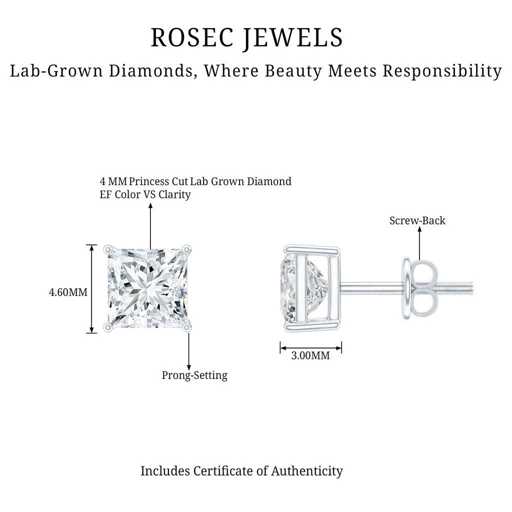 Lab Created Diamond Earrings – 4 MM Princess Cut Square Diamond Studs in 14K White Gold