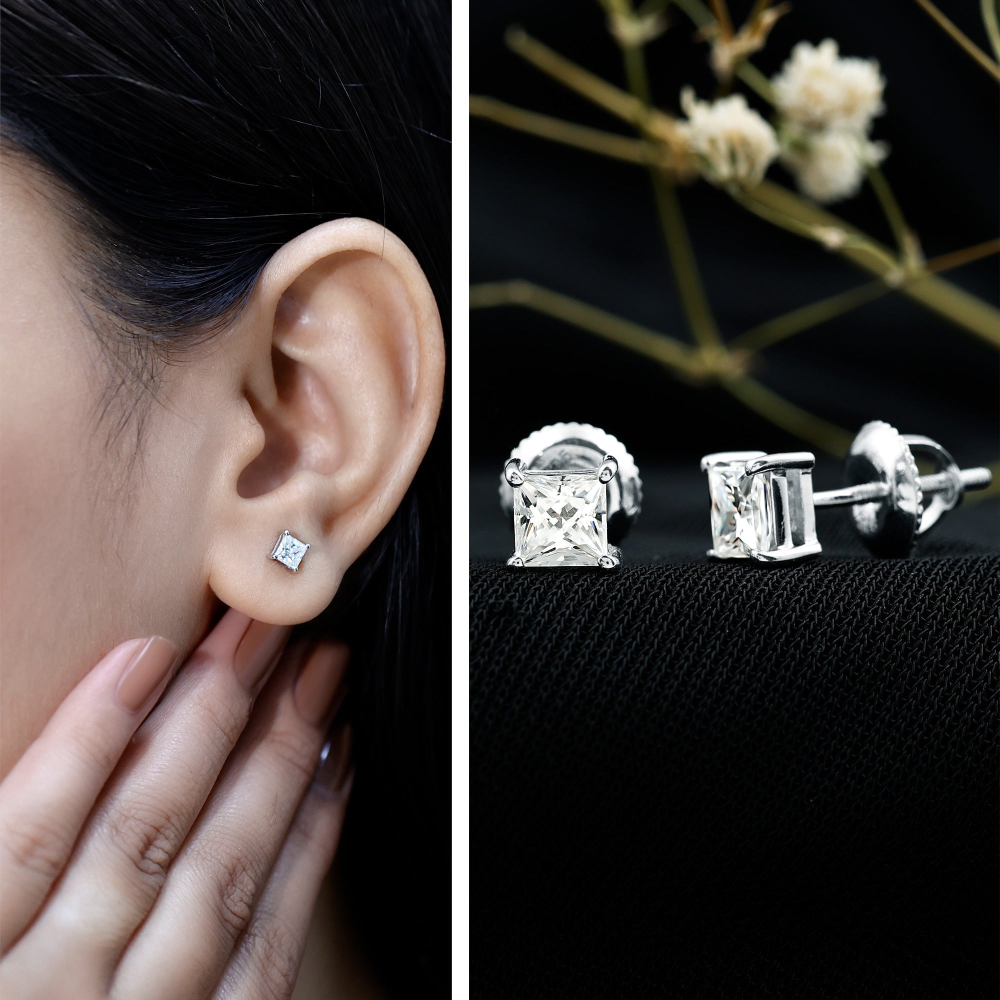 Lab Created Diamond Earrings – 4 MM Princess Cut Square Diamond Studs in 14K White Gold