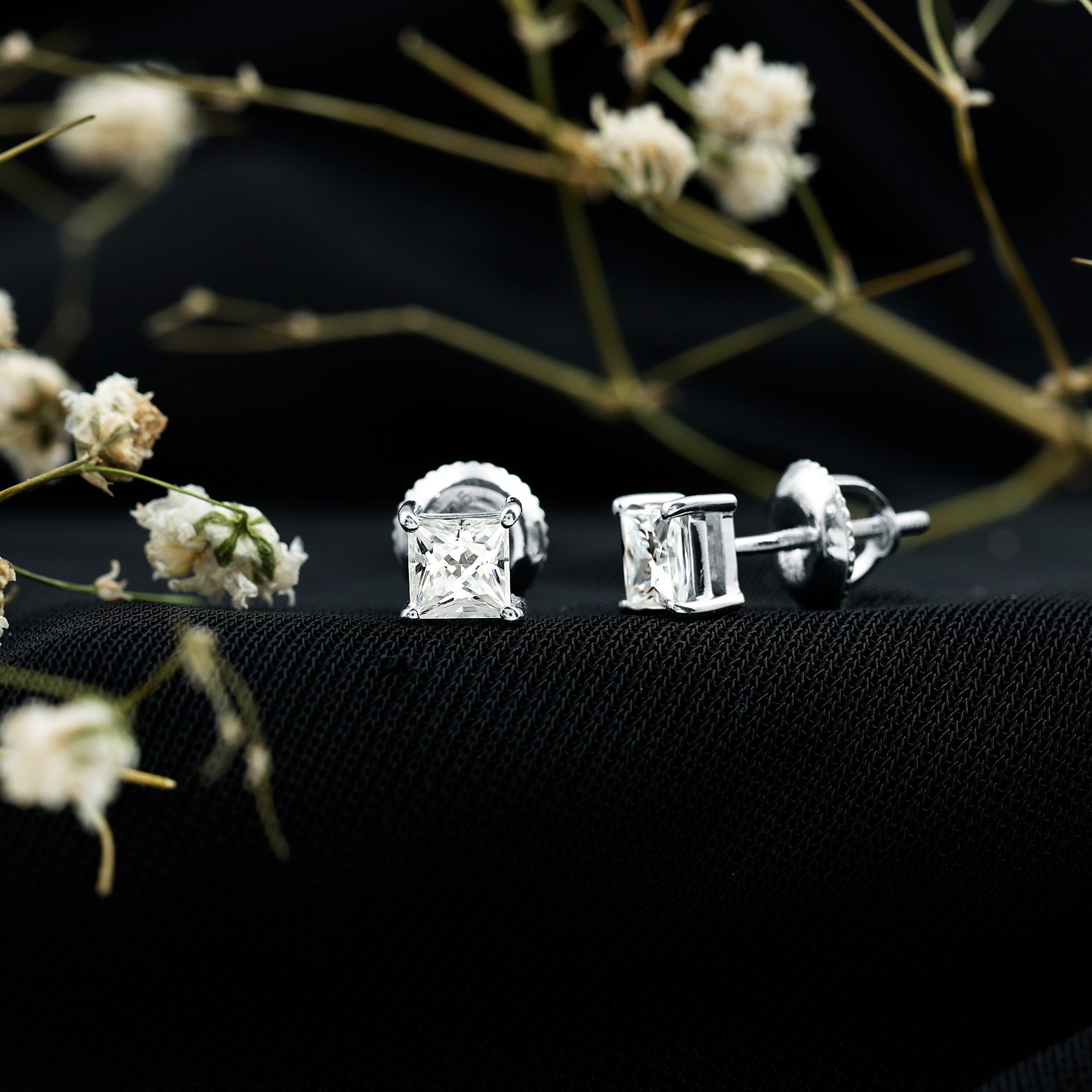 Lab Created Diamond Earrings – 4 MM Princess Cut Square Diamond Studs in 14K White Gold