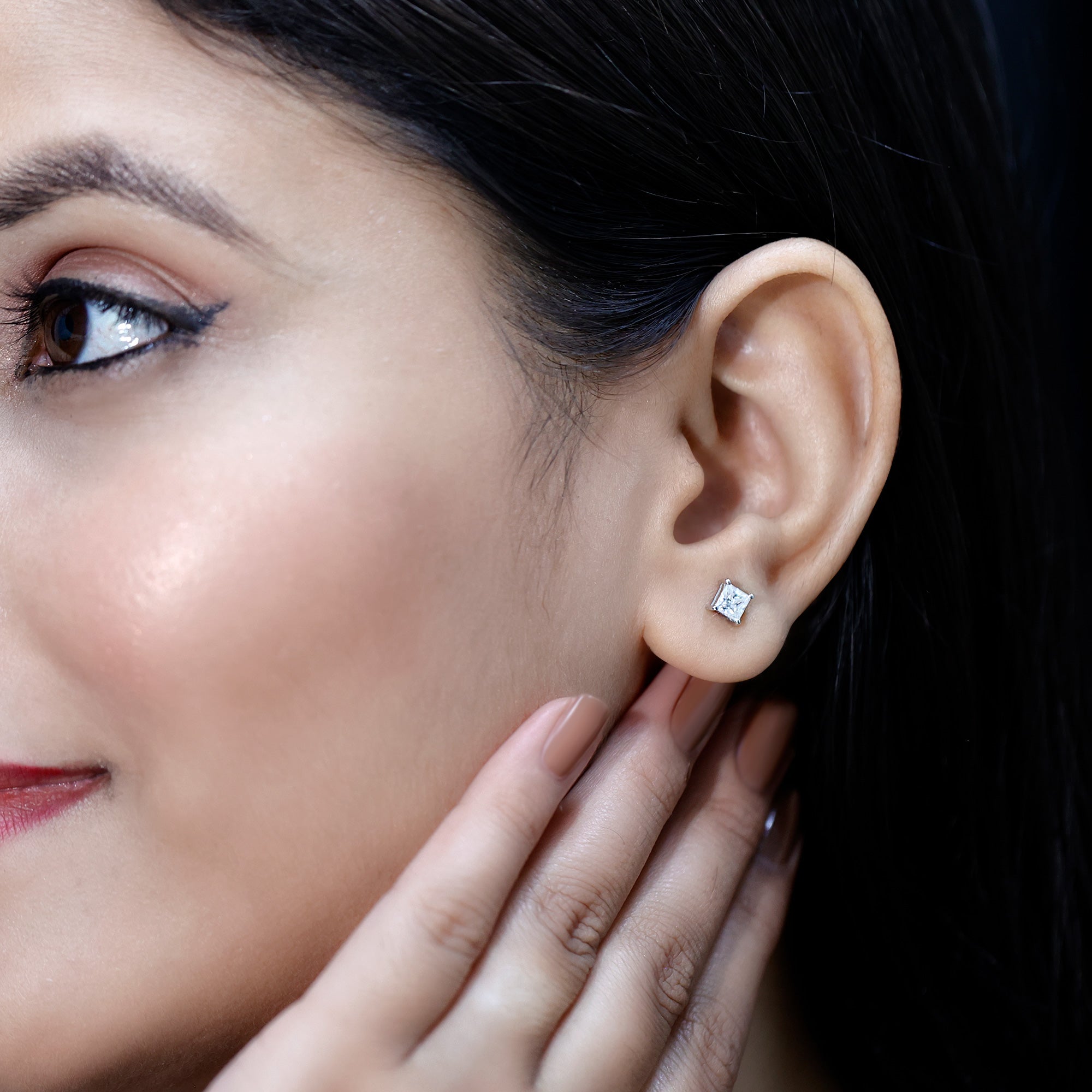 Lab Created Diamond Earrings – 4 MM Princess Cut Square Diamond Studs in 14K White Gold