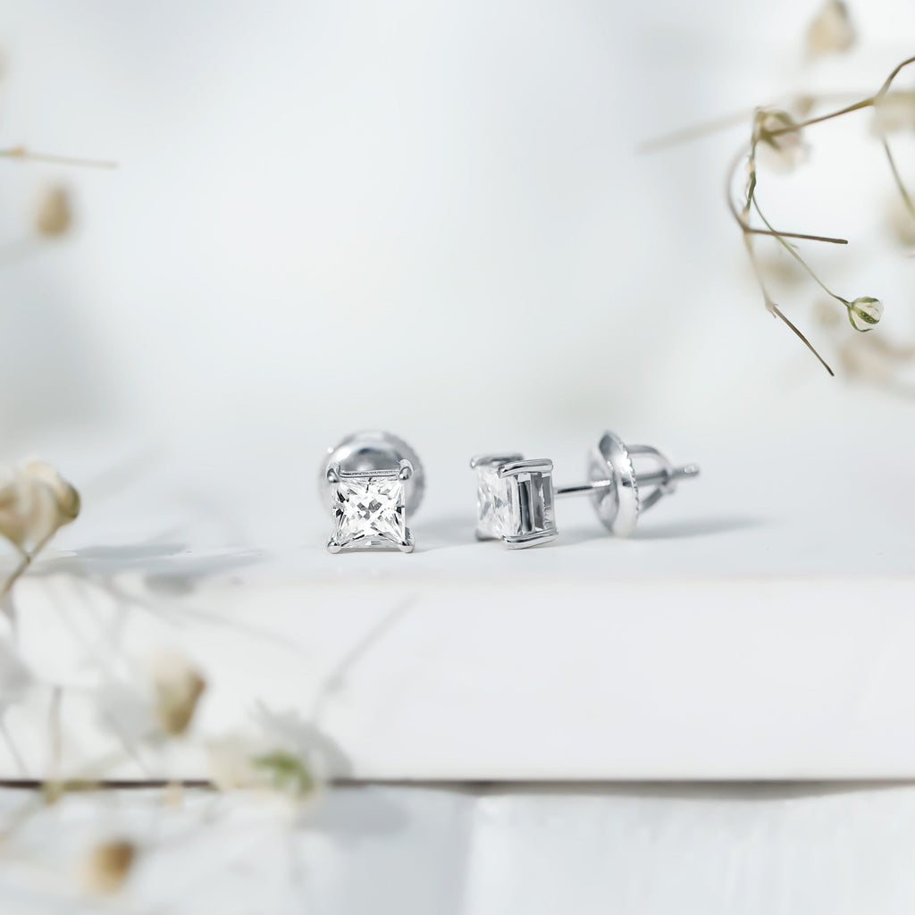 Lab Created Diamond Earrings – 4 MM Princess Cut Square Diamond Studs in 14K White Gold