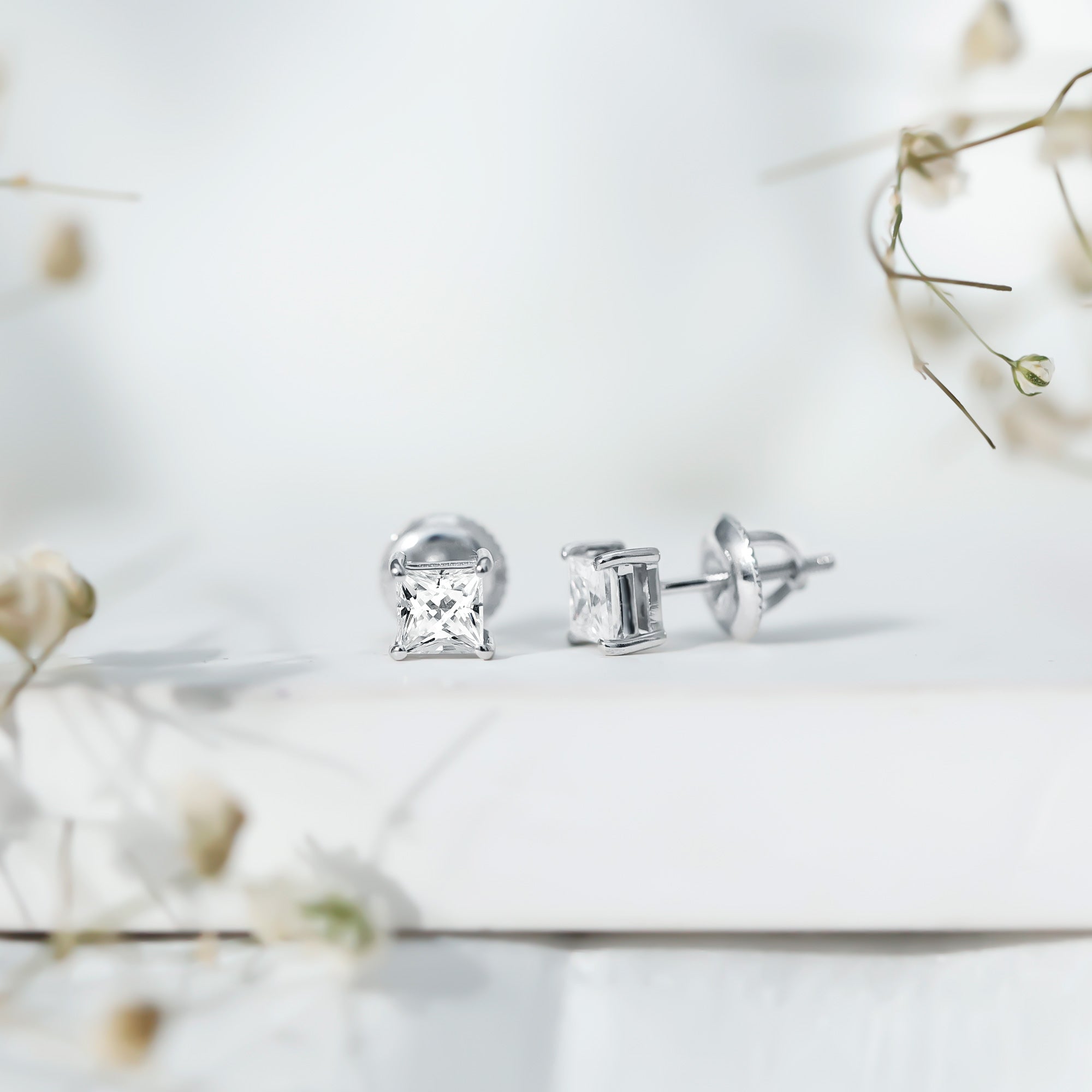 Lab Created Diamond Earrings – 4 MM Princess Cut Square Diamond Studs in 14K White Gold