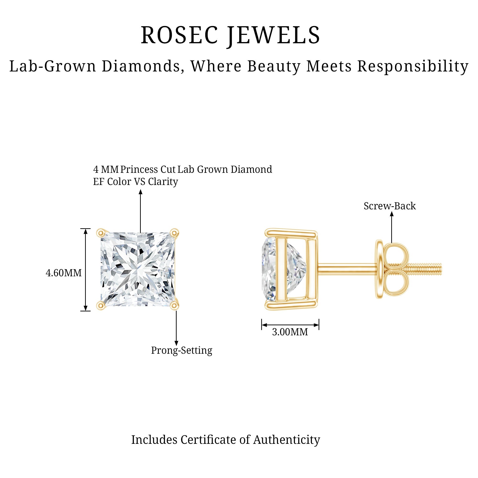 Lab Created Diamond Earrings – 4 MM Princess Cut Square Diamond Studs in 14K White Gold