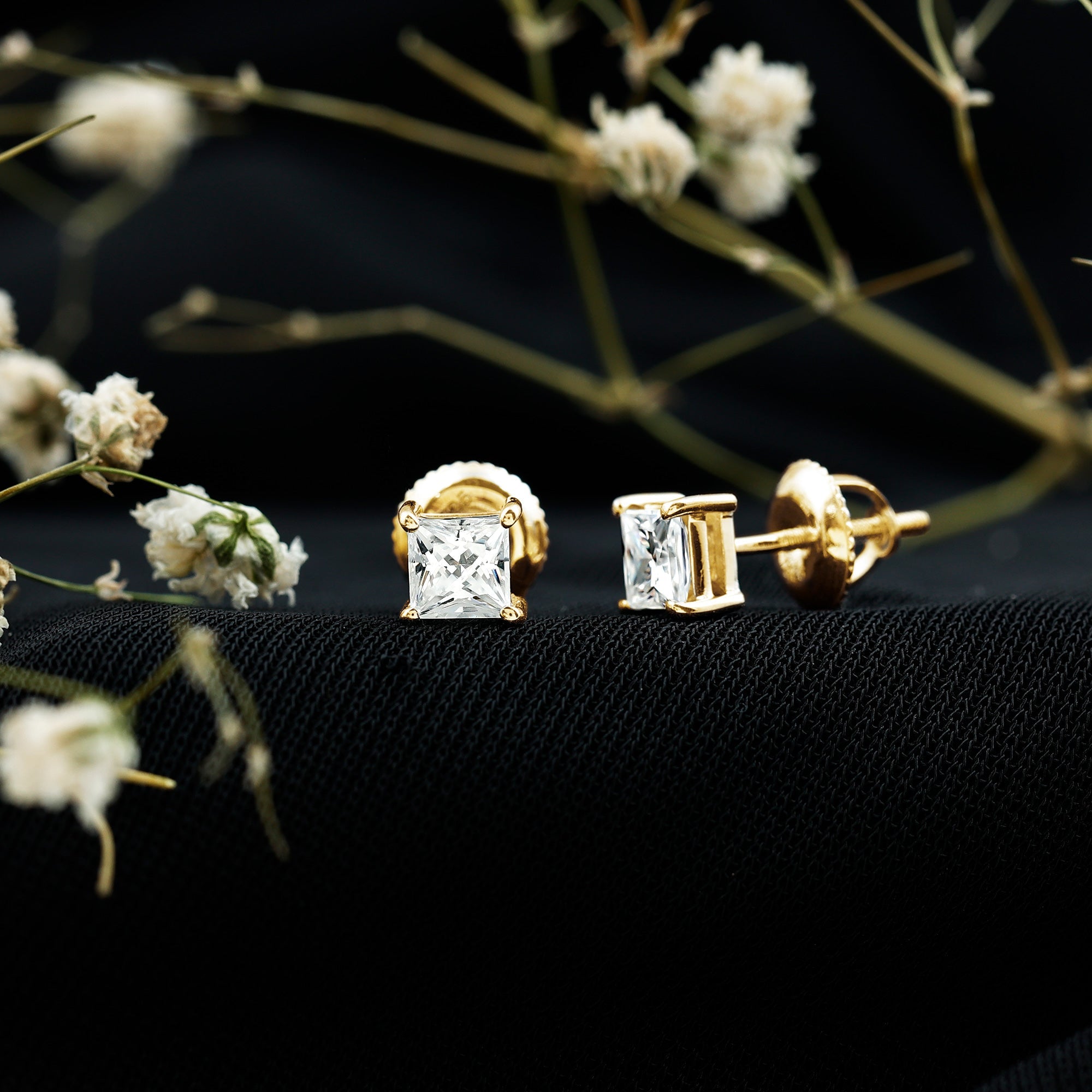 Lab Created Diamond Earrings – 4 MM Princess Cut Square Diamond Studs in 14K White Gold