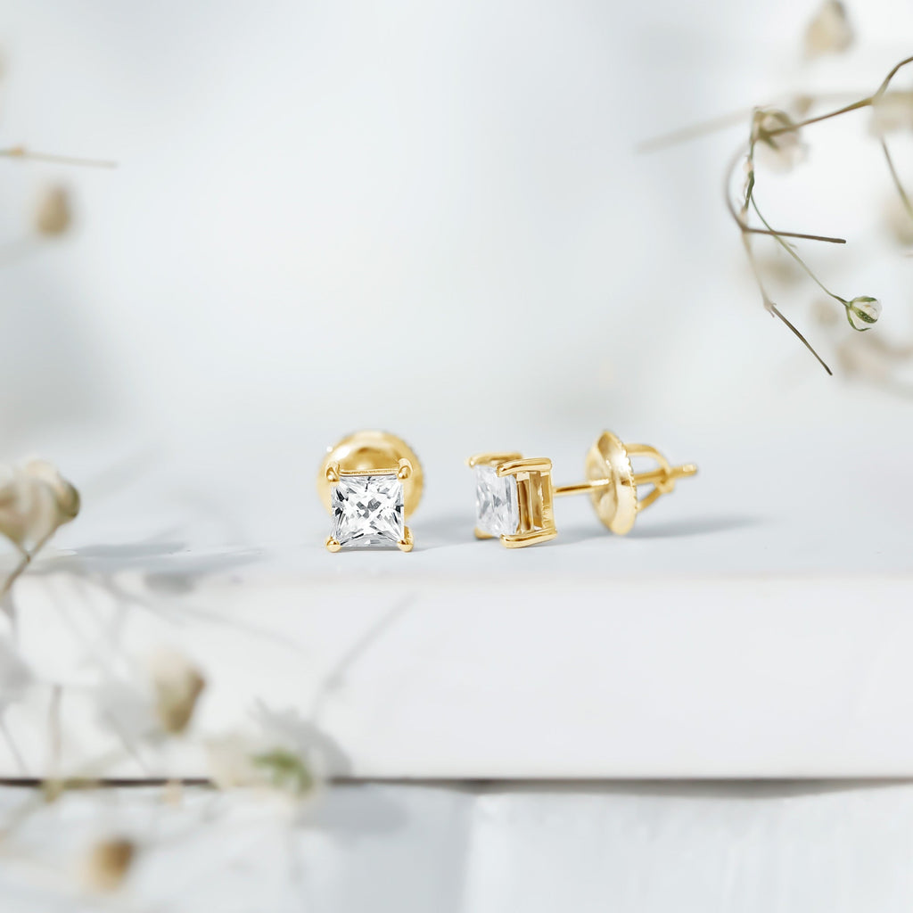 Lab Created Diamond Earrings – 4 MM Princess Cut Square Diamond Studs in 14K White Gold