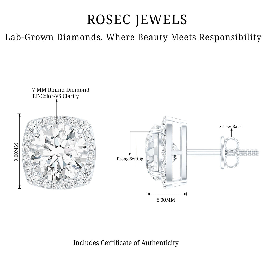 Lab Grown Diamond Earrings – 7 MM Round Cut Halo Studs With Screw Back Design