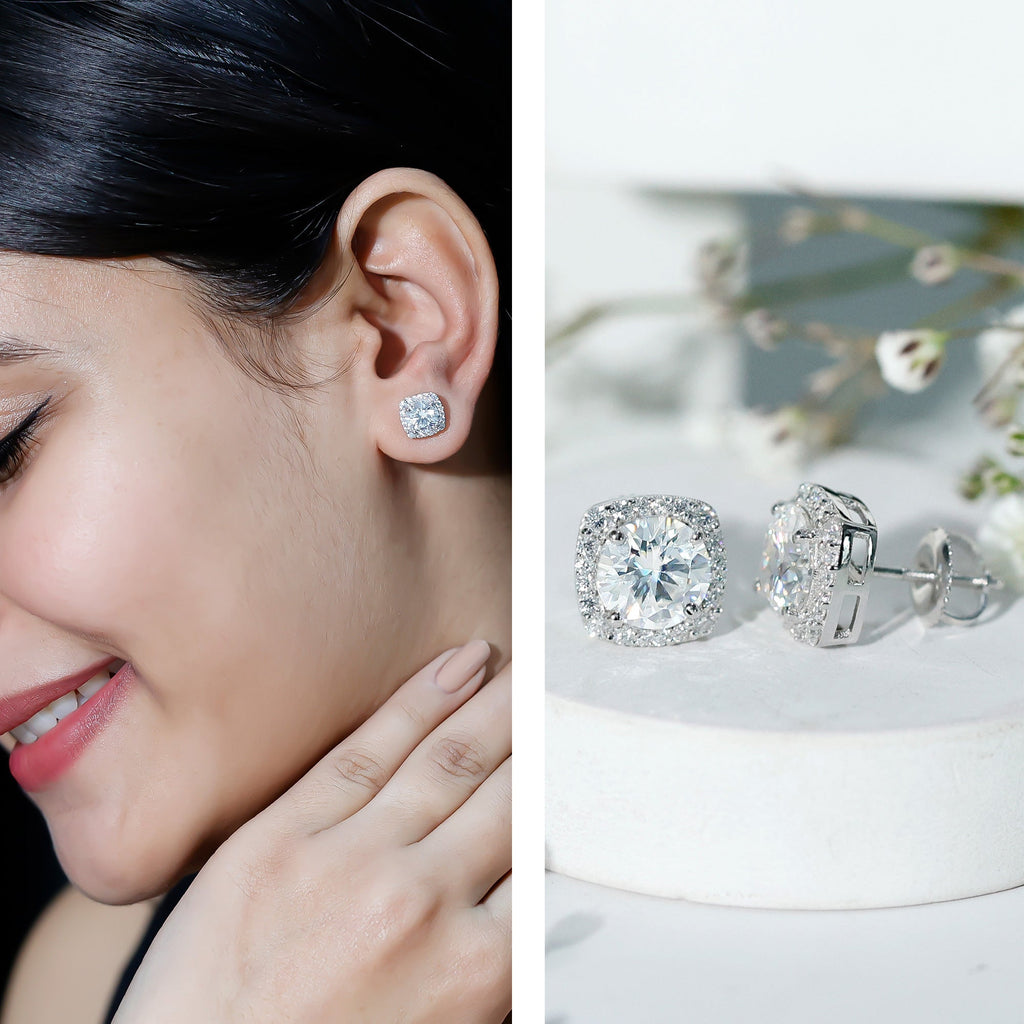 Lab Grown Diamond Earrings – 7 MM Round Cut Halo Studs With Screw Back Design