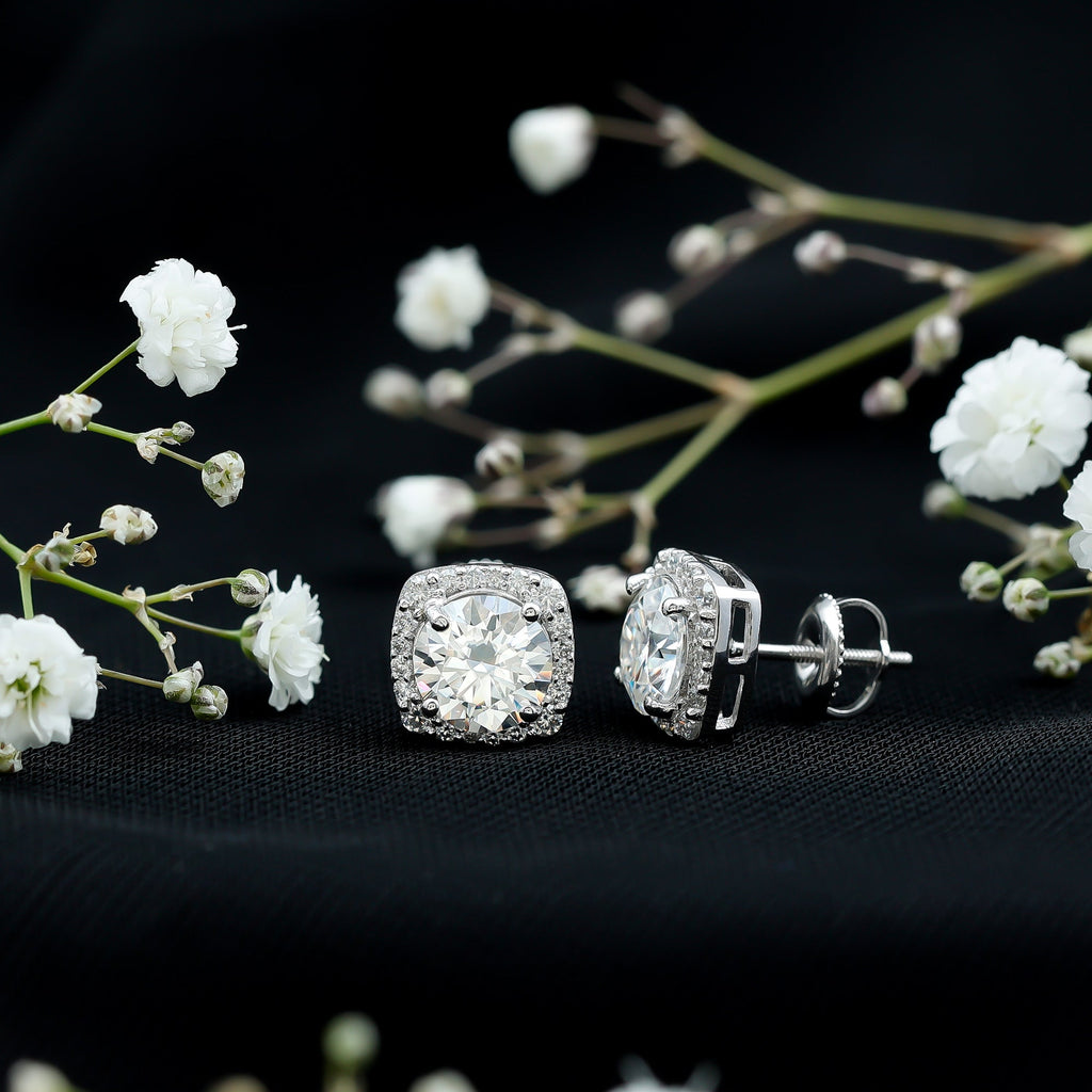 Lab Grown Diamond Earrings – 7 MM Round Cut Halo Studs With Screw Back Design