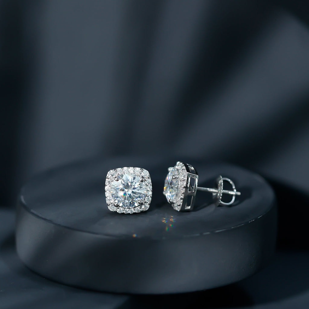 Lab Grown Diamond Earrings – 7 MM Round Cut Halo Studs With Screw Back Design