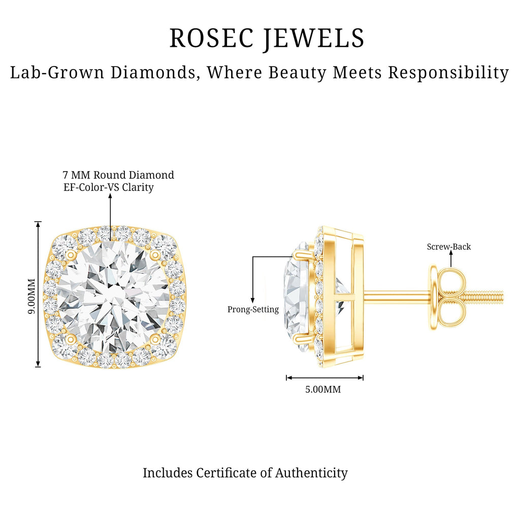 Lab Grown Diamond Earrings – 7 MM Round Cut Halo Studs With Screw Back Design