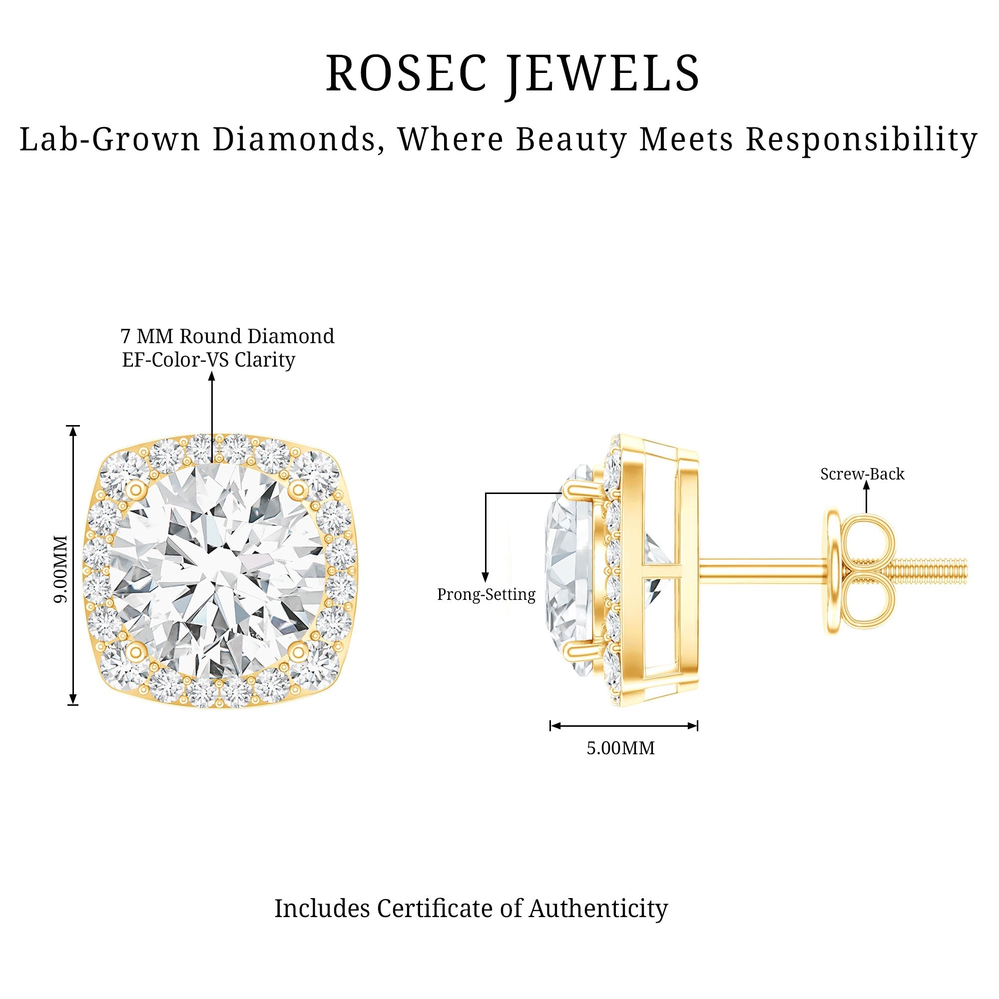Lab Grown Diamond Earrings – 7 MM Round Cut Halo Studs With Screw Back Design