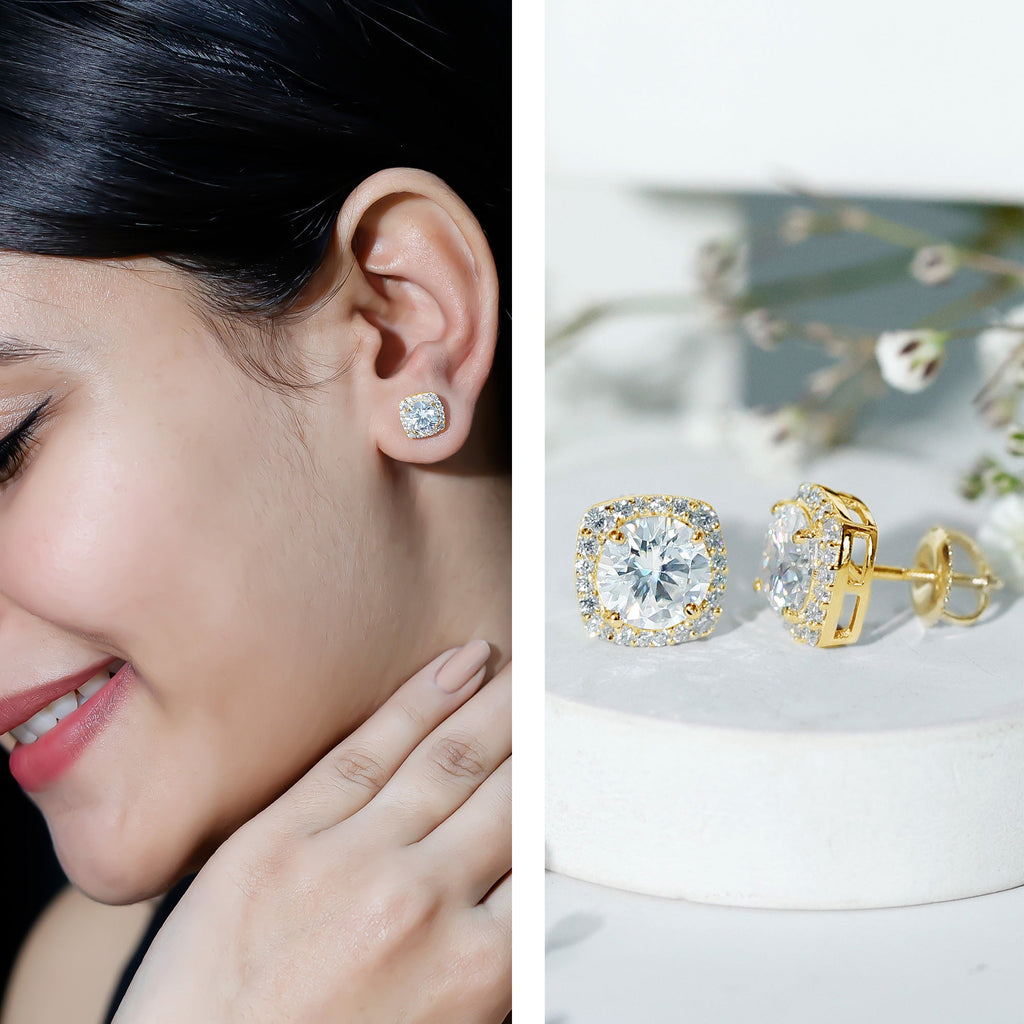 Lab Grown Diamond Earrings – 7 MM Round Cut Halo Studs With Screw Back Design