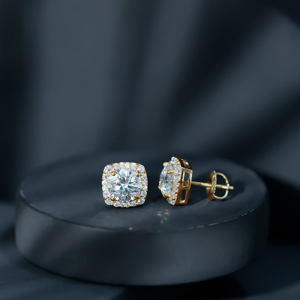 Lab Grown Diamond Earrings – 7 MM Round Cut Halo Studs With Screw Back Design