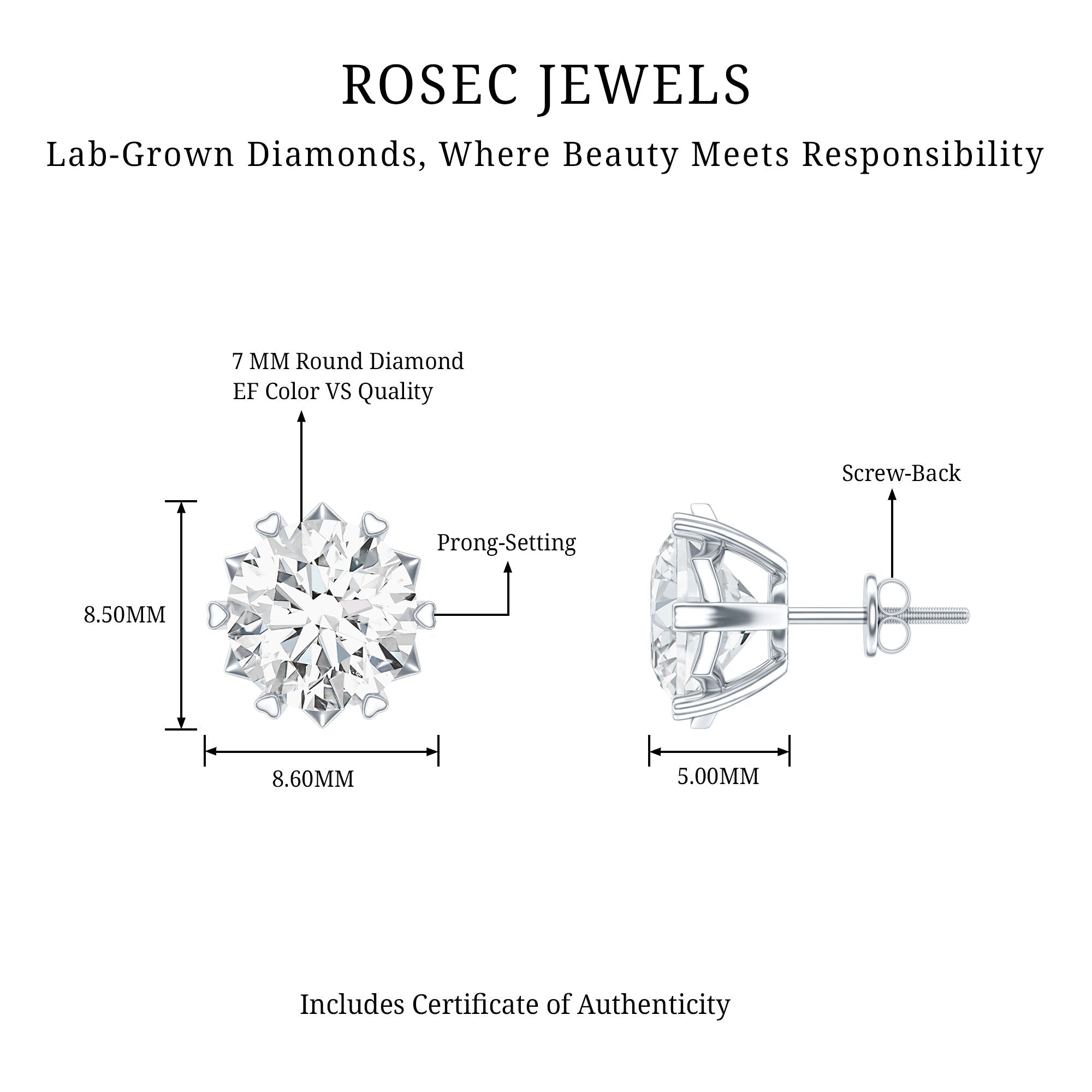 Lab Grown Diamond Earrings – 7 mm Solitaire 2 Carat Brilliant Cut Studs