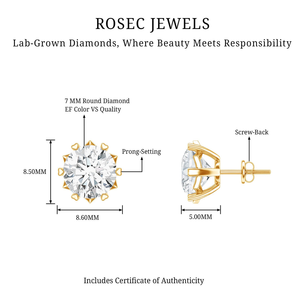 Lab Grown Diamond Earrings – 7 mm Solitaire 2 Carat Brilliant Cut Studs
