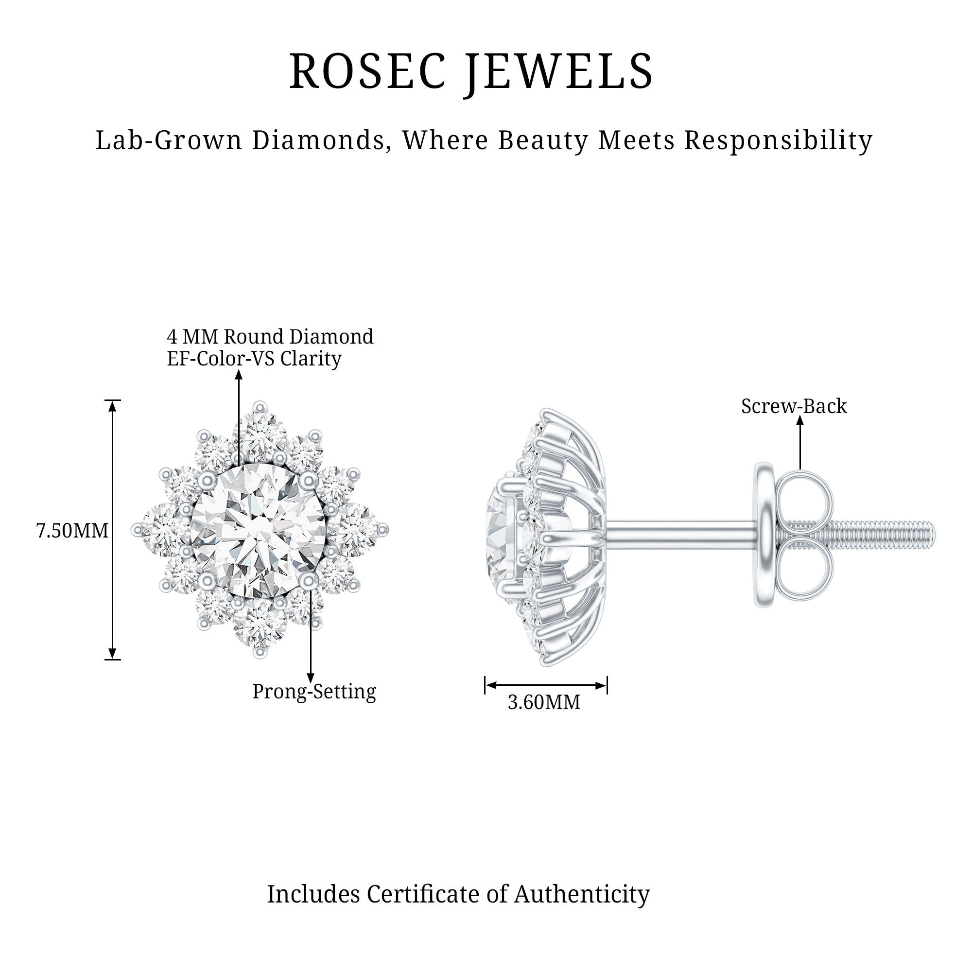 Diamond Halo Stud Earrings – Lab Grown Diamonds, Prong Setting, Sparkling Studs