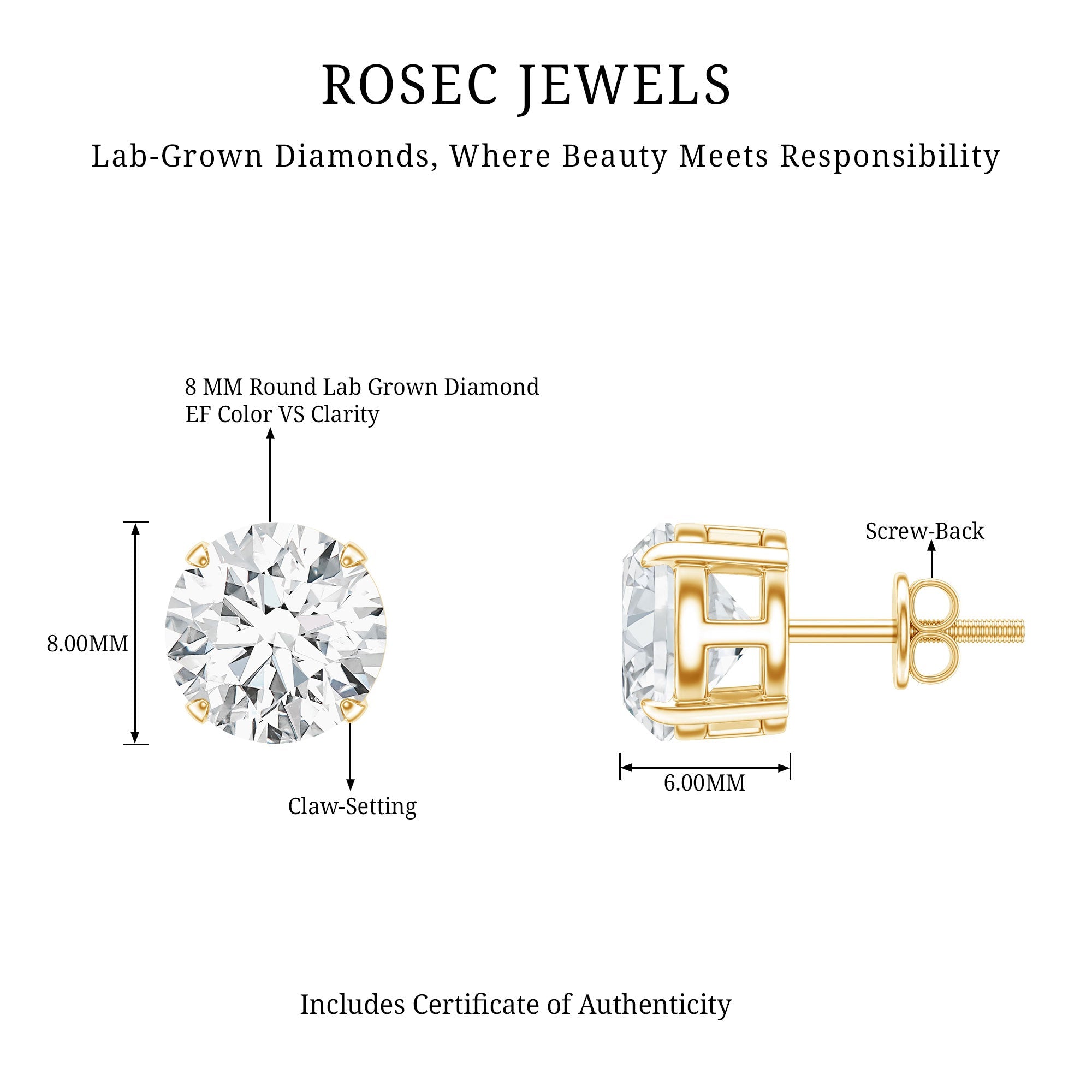Lab Created Diamond Earrings – 4 Carat Solitaire Studs | Round Claw Set
