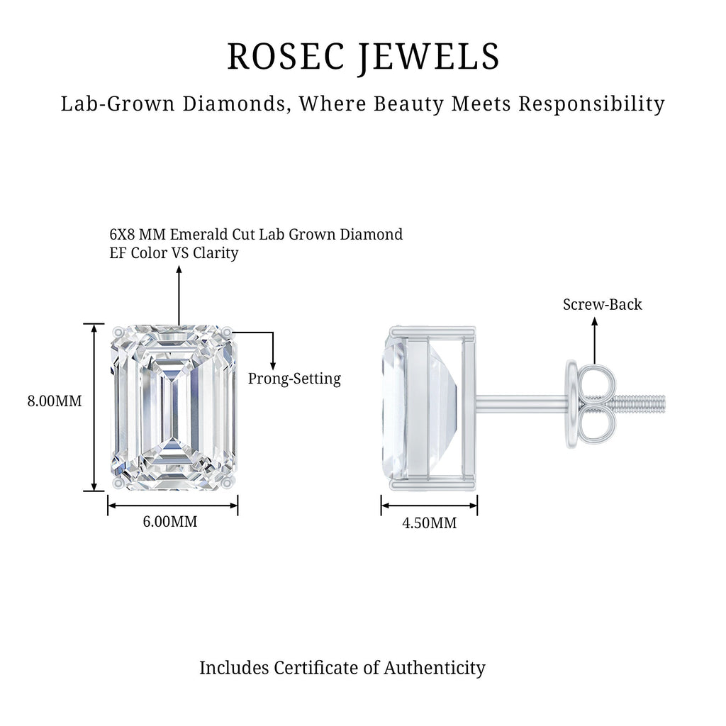 Emerald Cut Diamond Earrings – 6x8 MM Lab Grown Diamonds | Screw Back Studs