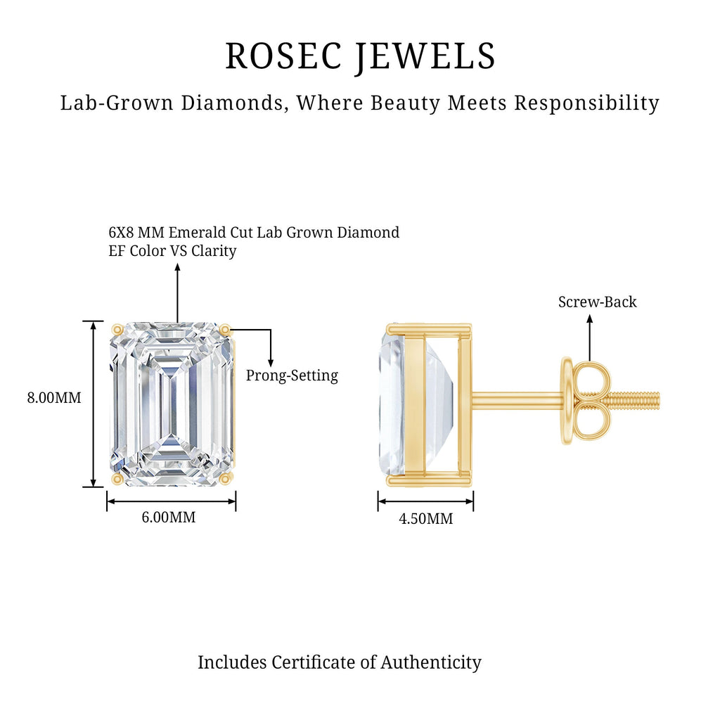 Emerald Cut Diamond Earrings – 6x8 MM Lab Grown Diamonds | Screw Back Studs