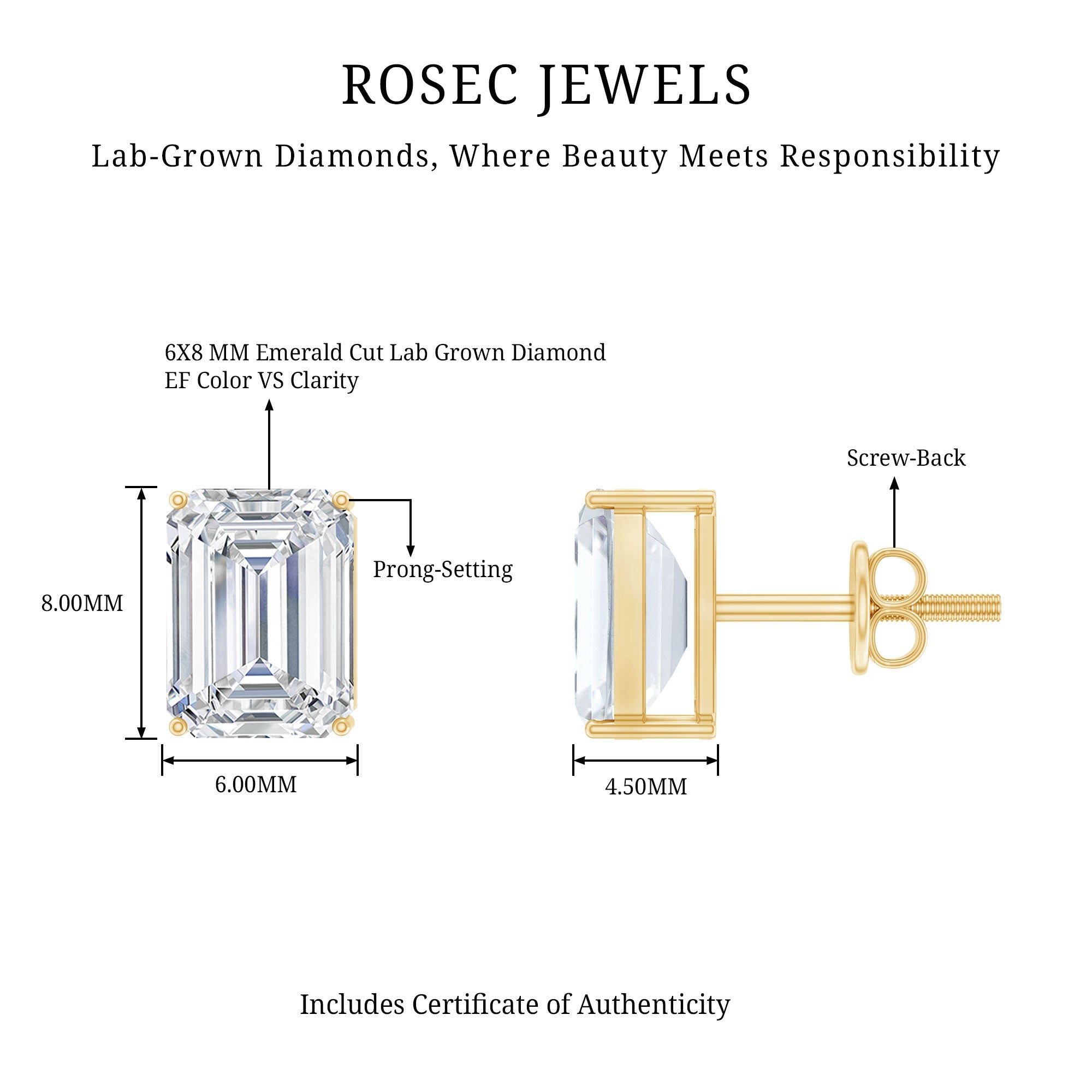 Emerald Cut Diamond Earrings – 6x8 MM Lab Grown Diamonds | Screw Back Studs