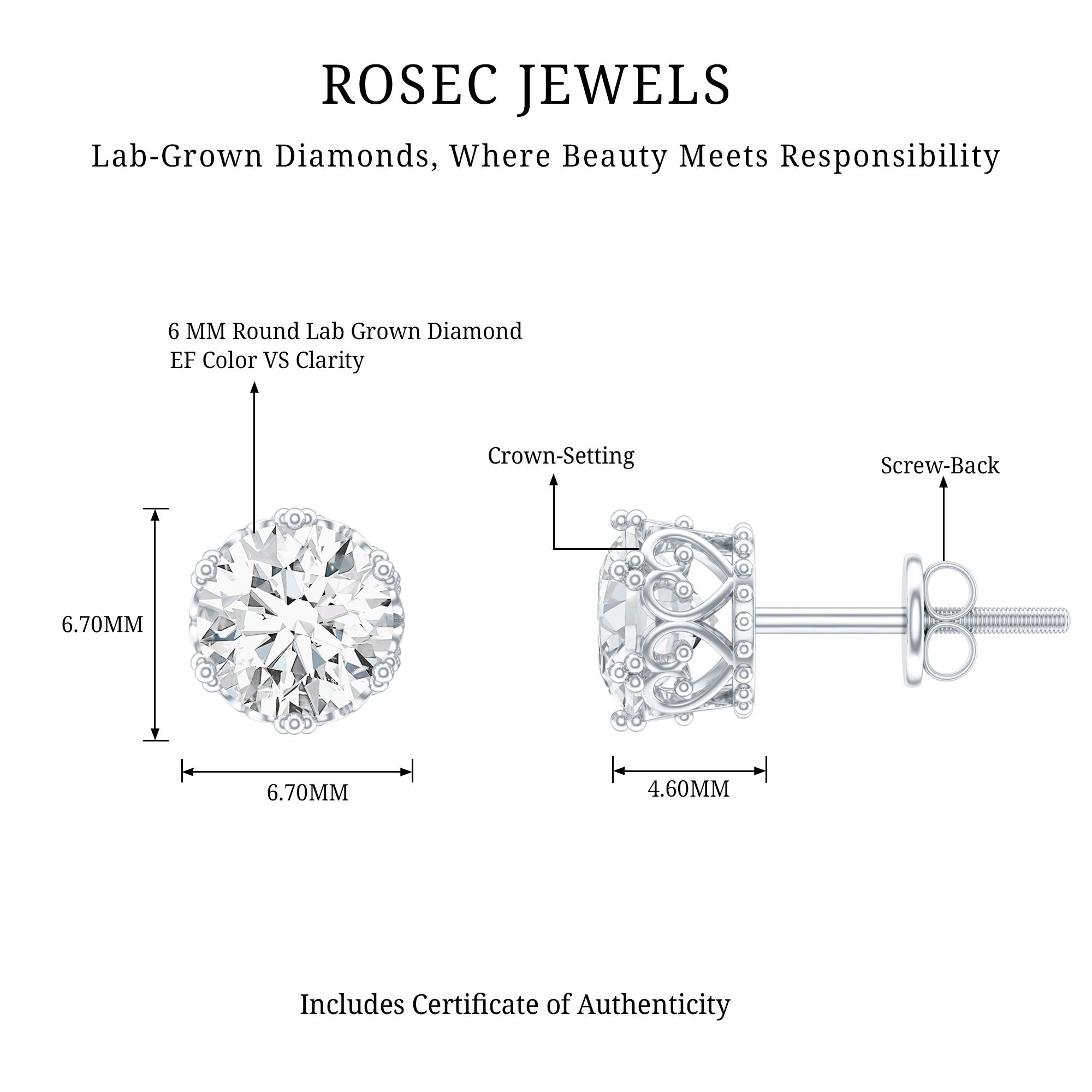Lab Created Diamond Earrings – Certified Crown Motif Studs for Women’s Elegant Style