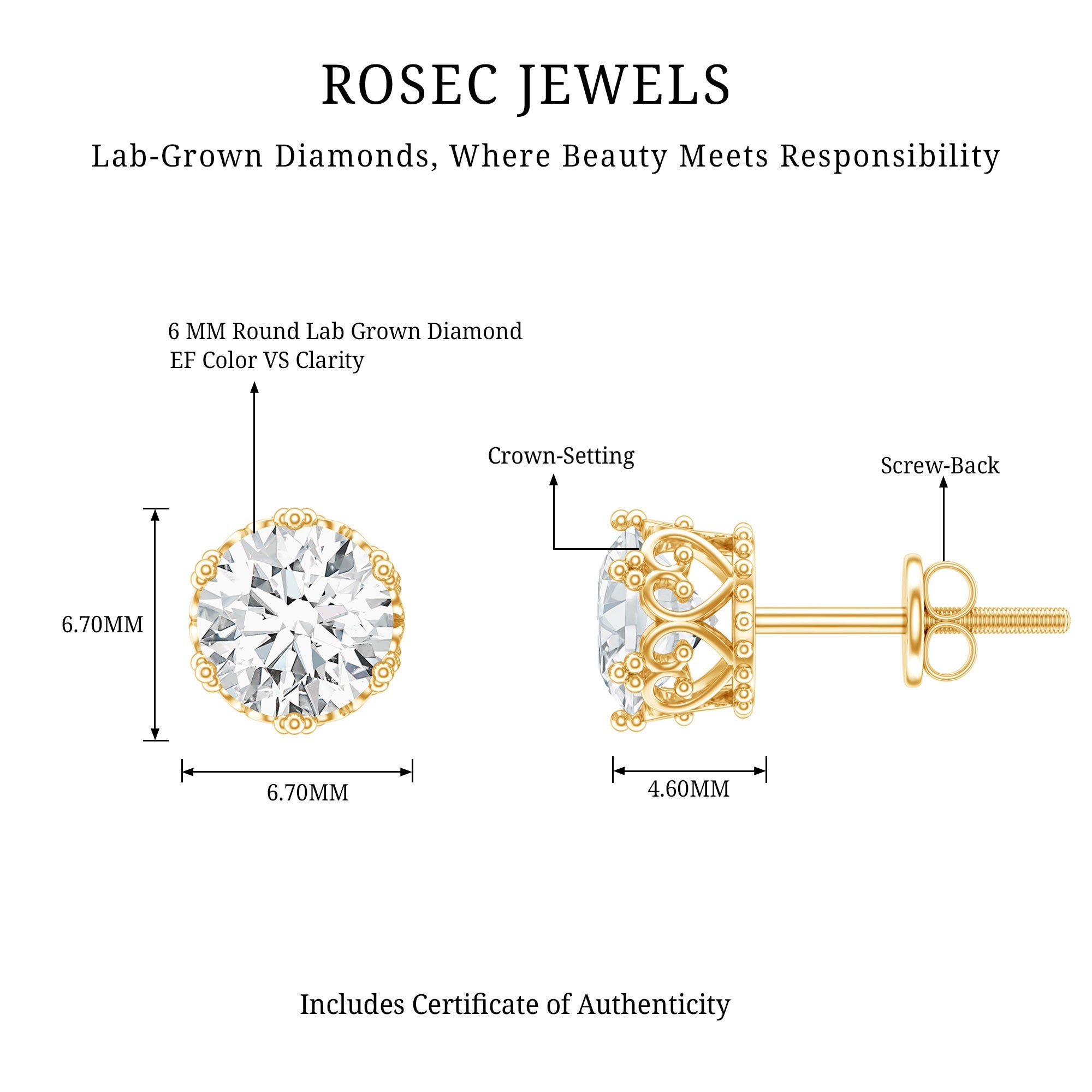 Lab Created Diamond Earrings – Certified Crown Motif Studs for Women’s Elegant Style