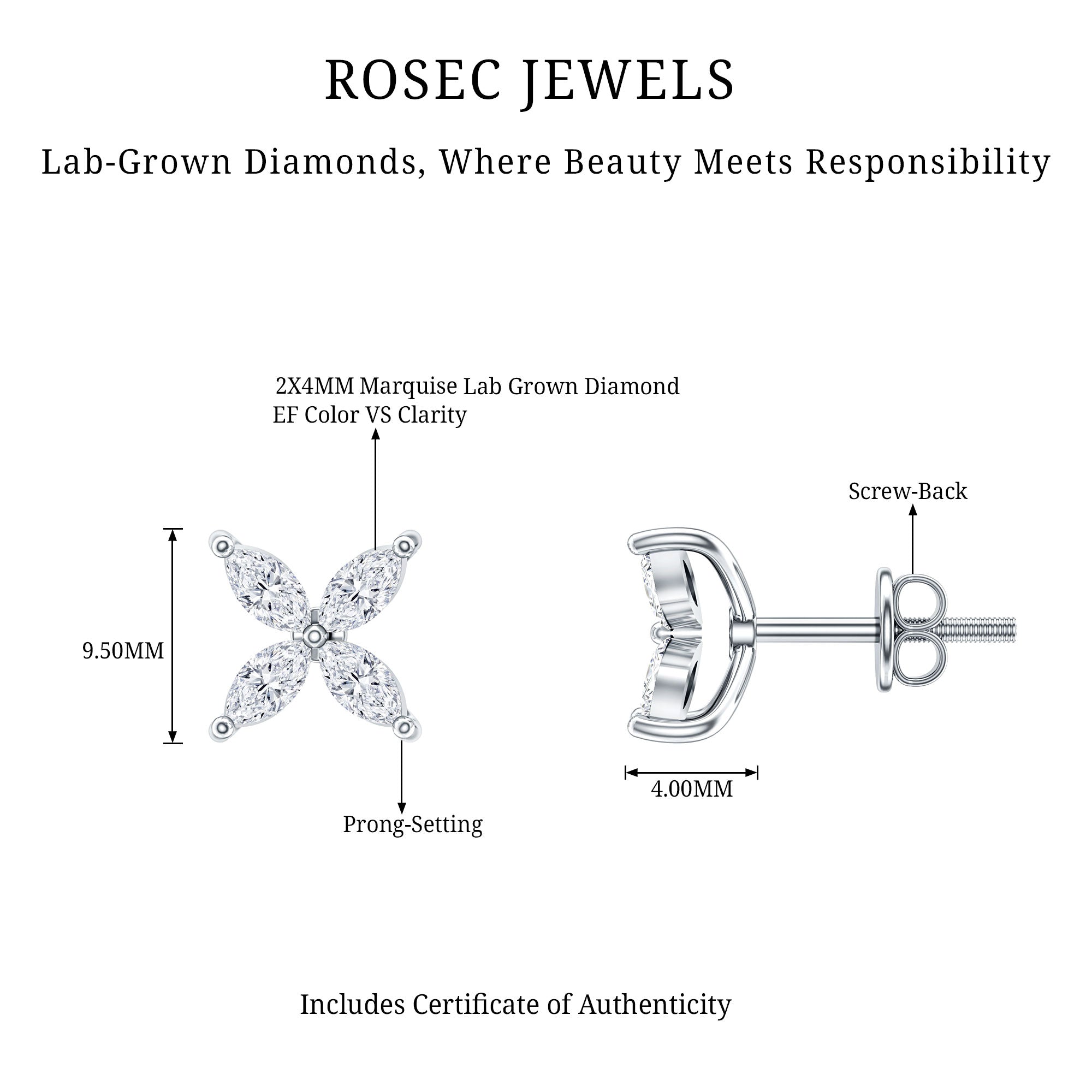 Lab Grown Diamond Earrings – Floral Diamond Studs With Secure Screw Back Closure