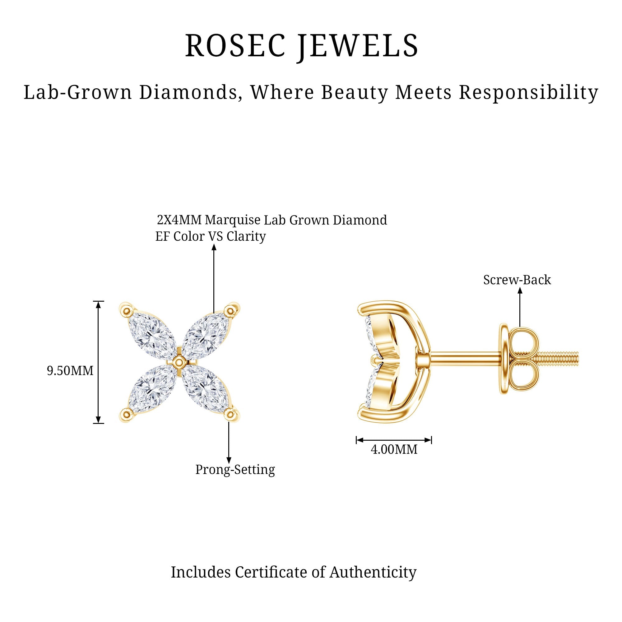 Lab Grown Diamond Earrings – Floral Diamond Studs With Secure Screw Back Closure