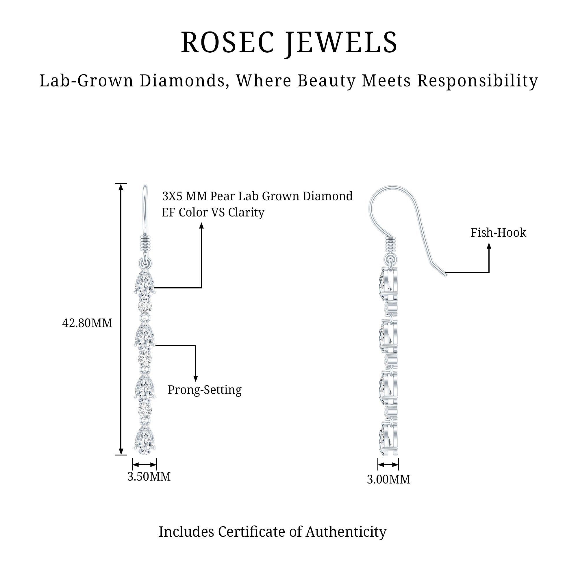 Lab Grown Diamond Earrings – Long Dangle Pear & Round Cut Dangling Jewelry