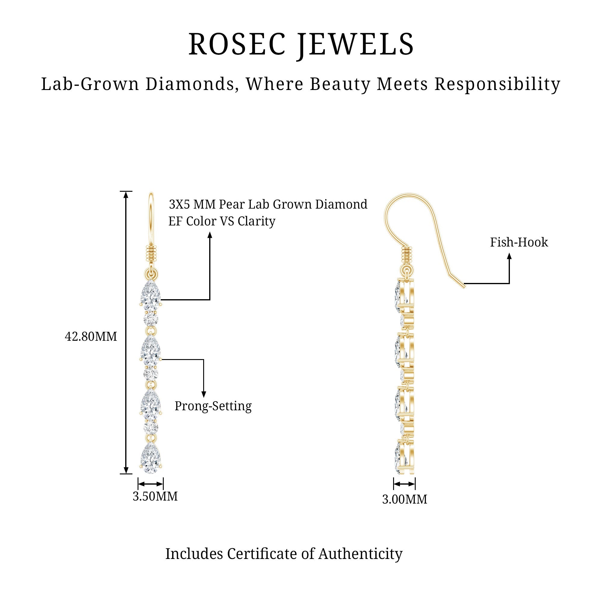 Lab Grown Diamond Earrings – Long Dangle Pear & Round Cut Dangling Jewelry