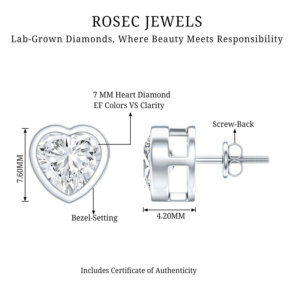 Lab Grown Diamond Earrings – 7mm Heart Shaped Bezel Set Studs with Screw Back Closure