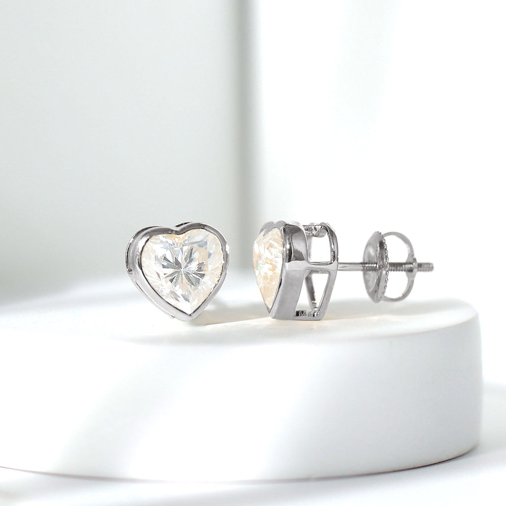 Lab Grown Diamond Earrings – 7mm Heart Shaped Bezel Set Studs with Screw Back Closure