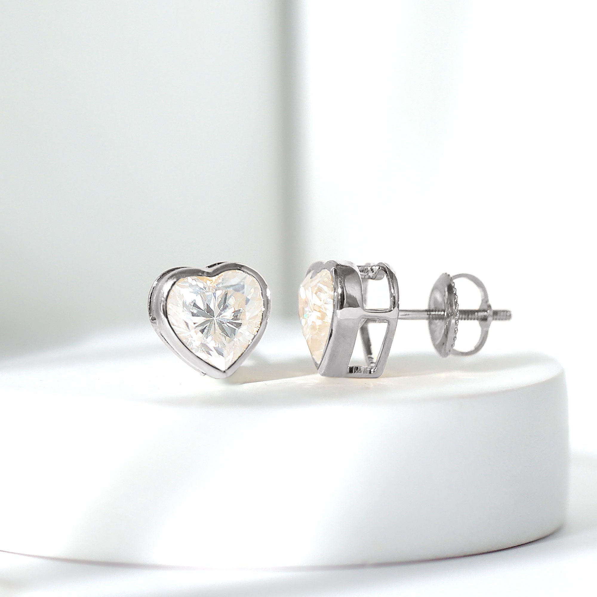 Lab Grown Diamond Earrings – 7mm Heart Shaped Bezel Set Studs with Screw Back Closure
