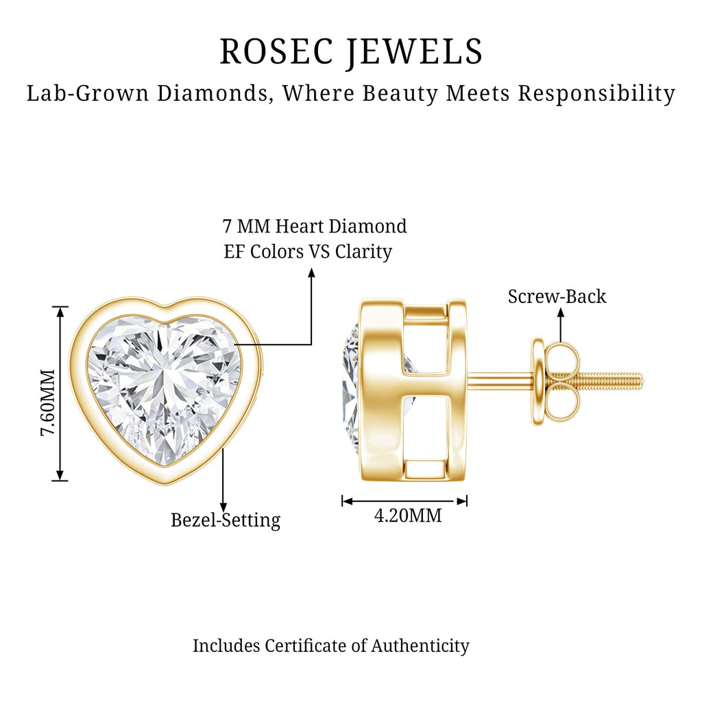 Lab Grown Diamond Earrings – 7mm Heart Shaped Bezel Set Studs with Screw Back Closure