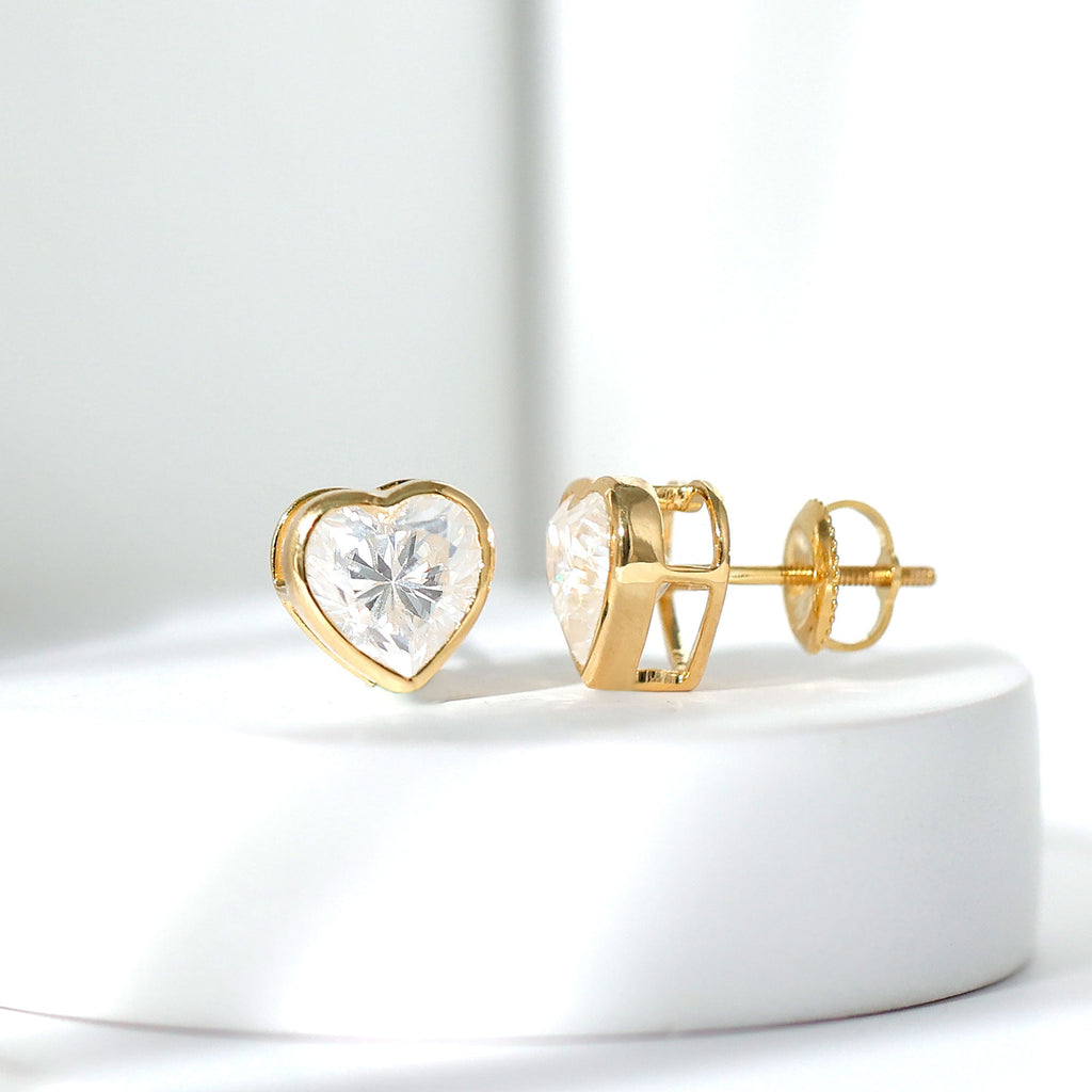 Lab Grown Diamond Earrings – 7mm Heart Shaped Bezel Set Studs with Screw Back Closure