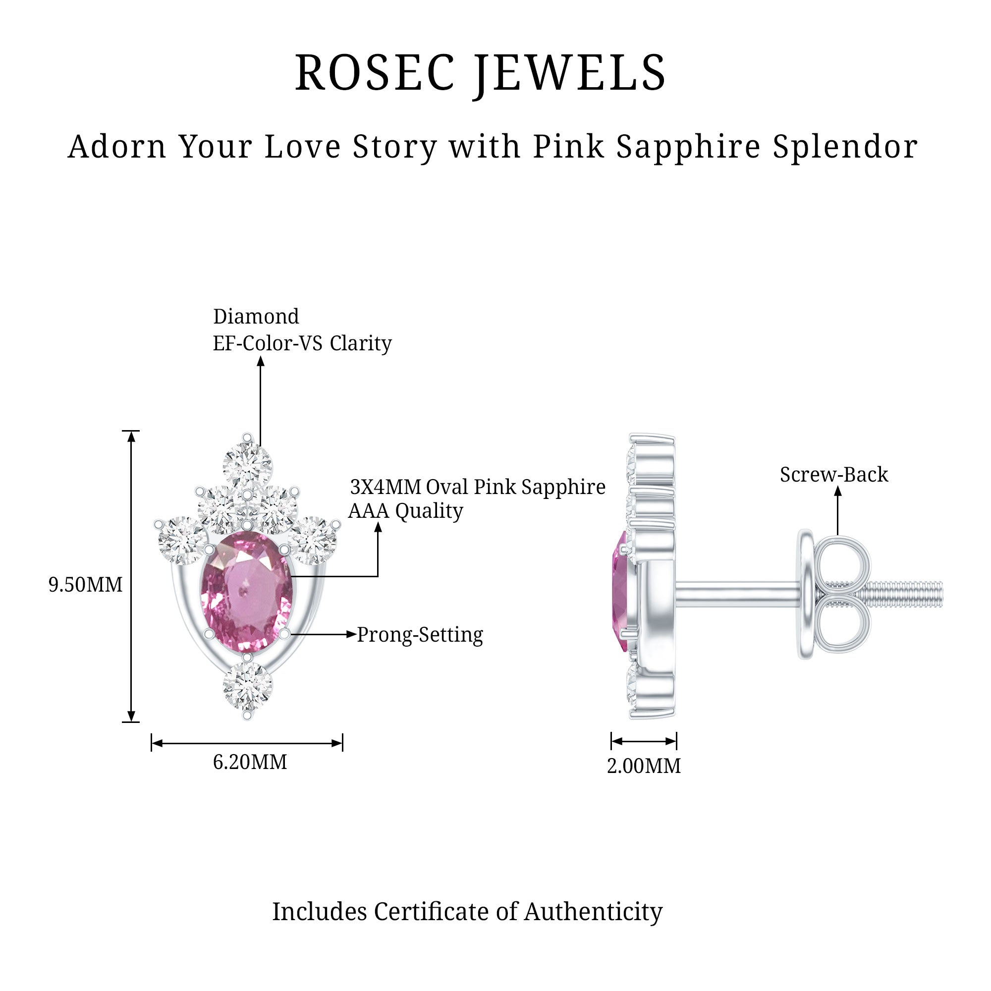 Sterling Silver Natural Pink Sapphire and Diamond Stud Earrings for Women