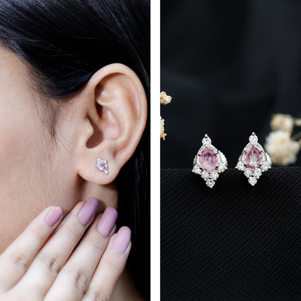 Sterling Silver Natural Pink Sapphire and Diamond Stud Earrings for Women