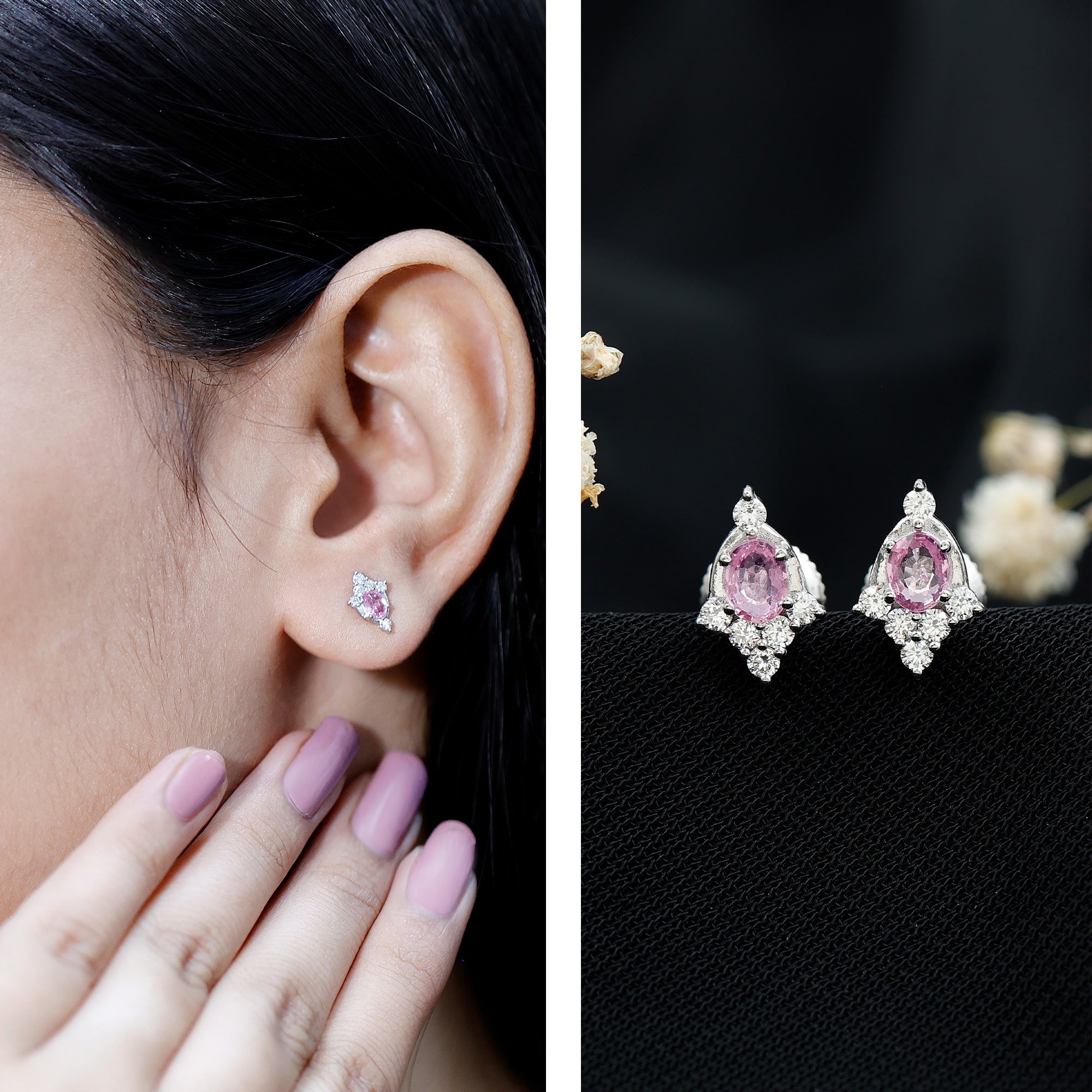 Sterling Silver Natural Pink Sapphire and Diamond Stud Earrings for Women