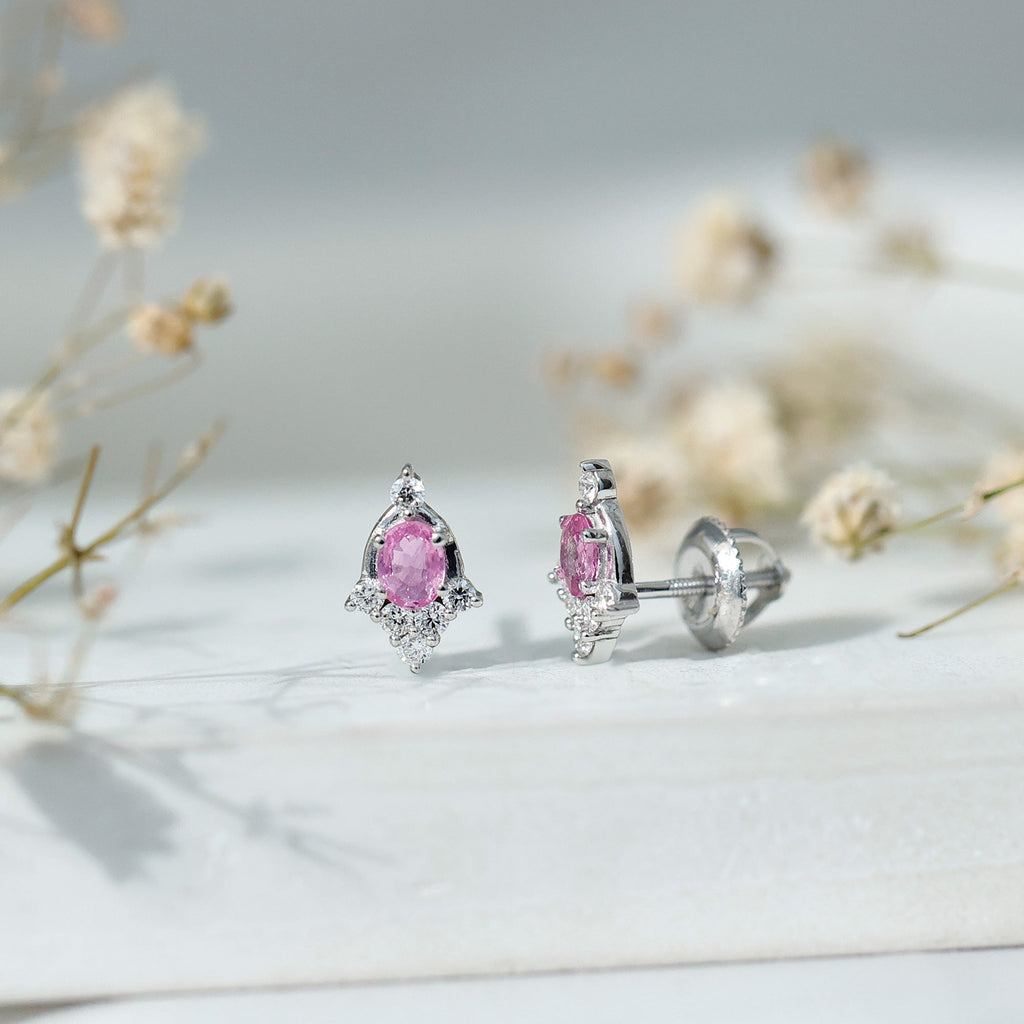 Sterling Silver Natural Pink Sapphire and Diamond Stud Earrings for Women
