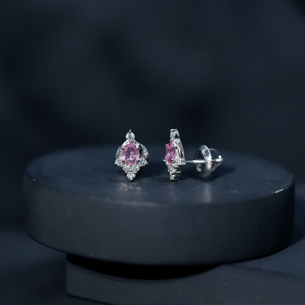 Sterling Silver Natural Pink Sapphire and Diamond Stud Earrings for Women