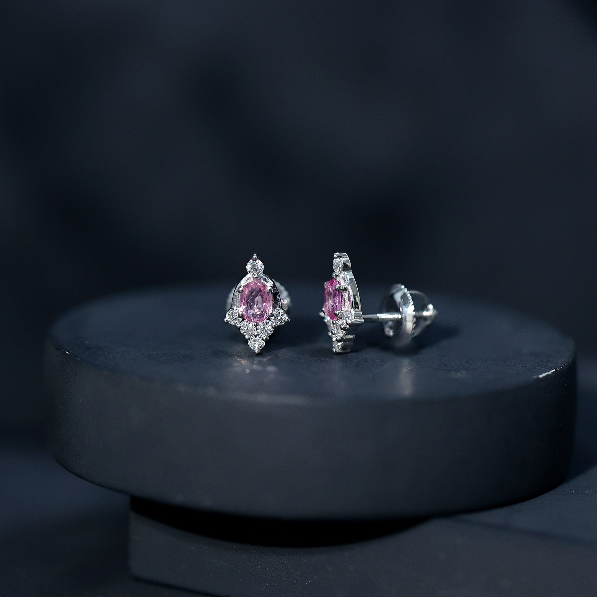 Sterling Silver Natural Pink Sapphire and Diamond Stud Earrings for Women