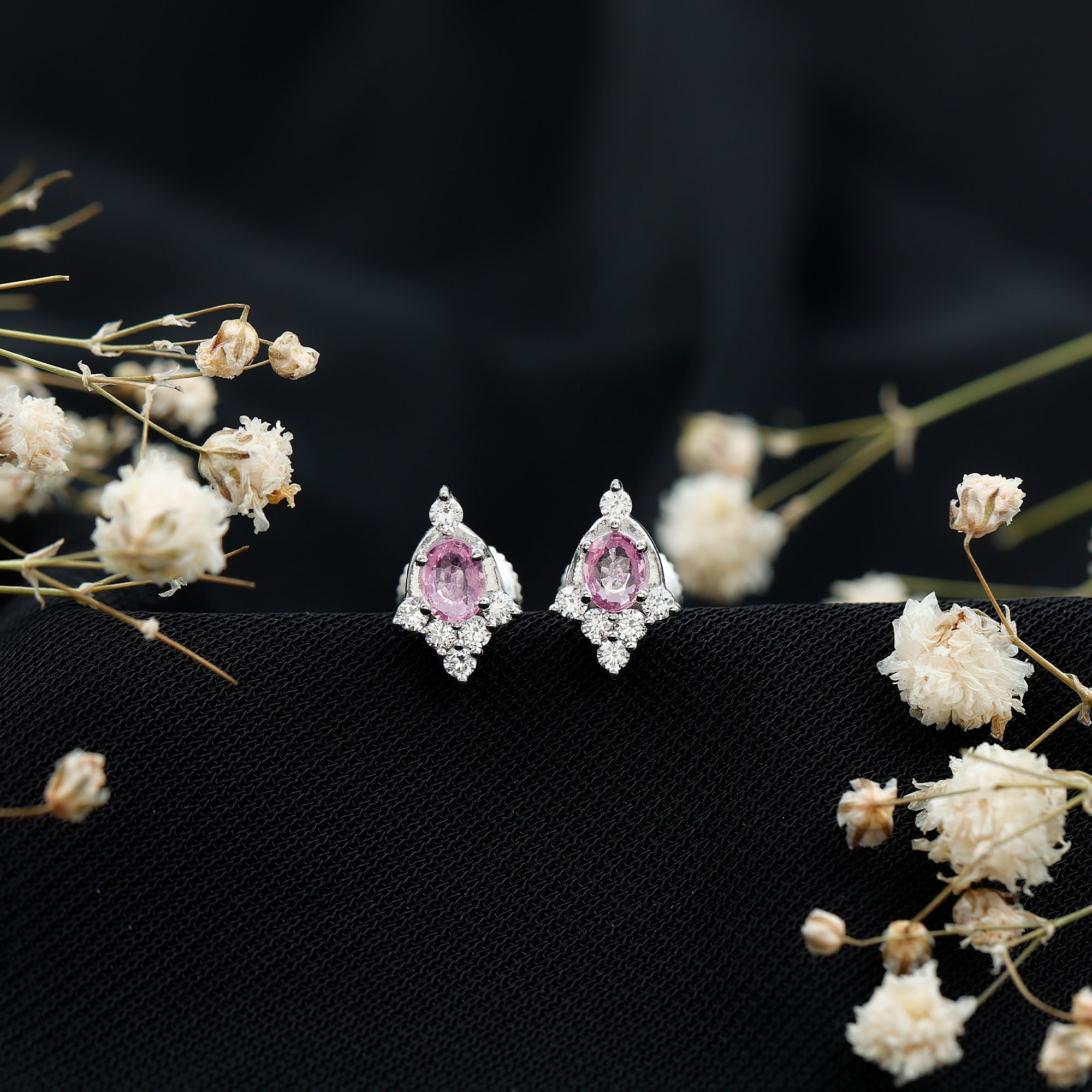 Sterling Silver Natural Pink Sapphire and Diamond Stud Earrings for Women