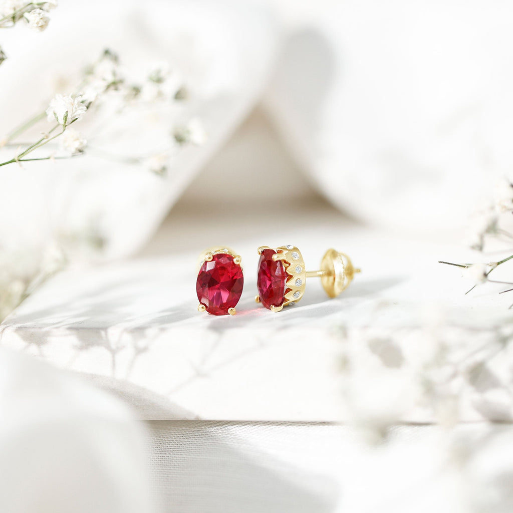 3 CT Oval Lab-Created Ruby Bridal Stud Earrings with Diamond