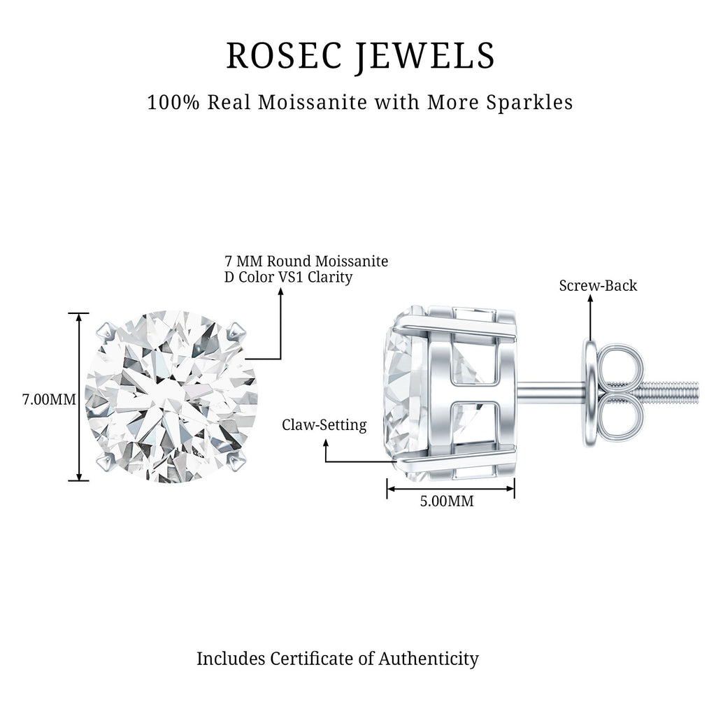 Moissanite Stud Earrings - 2.7 Carat Round Studs in Claw Setting by Rosec Jewels