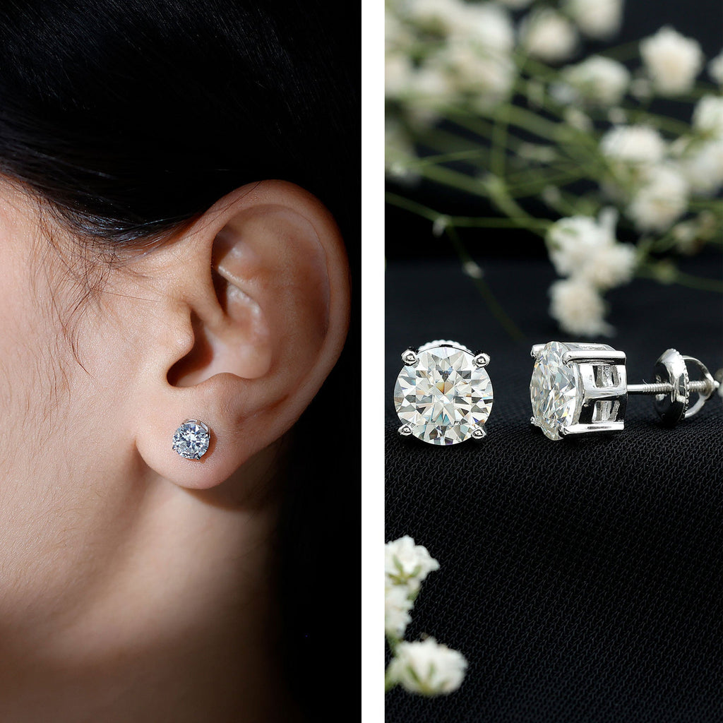 Moissanite Stud Earrings - 2.7 Carat Round Studs in Claw Setting by Rosec Jewels
